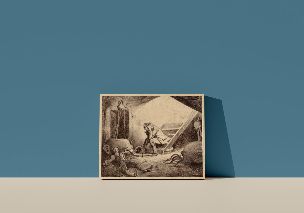 Framed art print of The Death of the Curate by Henrique Alvim Corrêa, in a light wood frame leaning on a blue wall