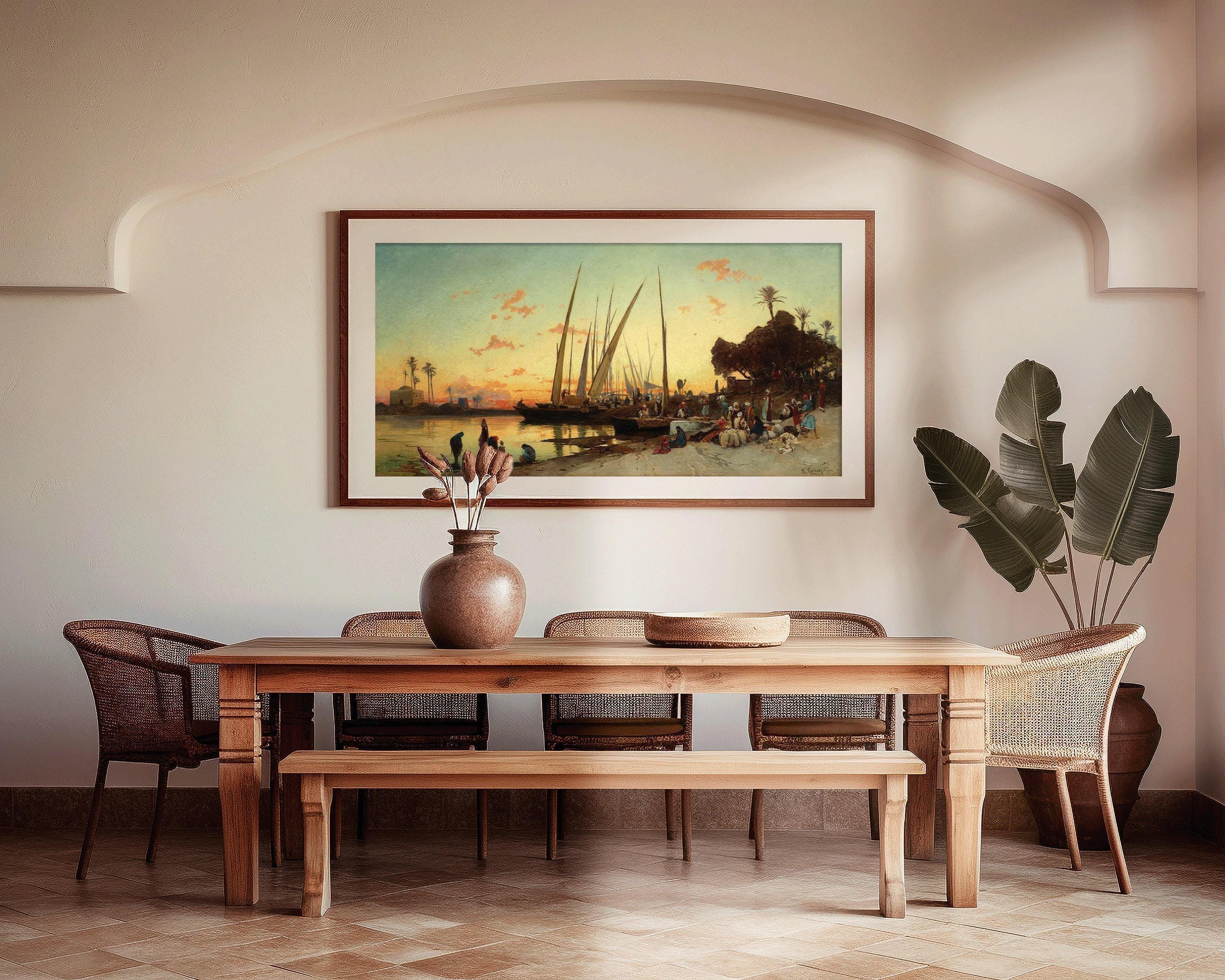 Hermann David Salomon Corrodi - Feluccas on the Nile | Vintage Orientalist Wide Panoramic Art (available handframed or unframed) 2x1 - 9ArtPrints