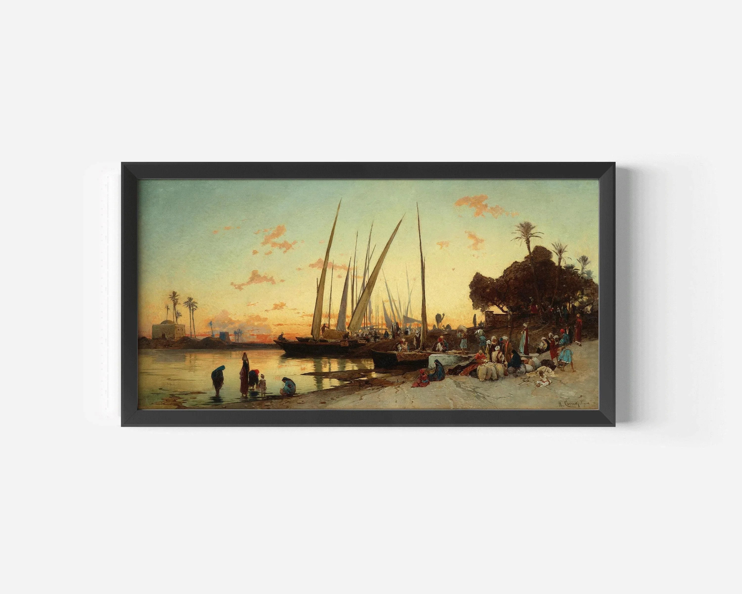 Hermann David Salomon Corrodi - Feluccas on the Nile | Vintage Orientalist Wide Panoramic Art (available handframed or unframed) 2x1 - 9ArtPrints