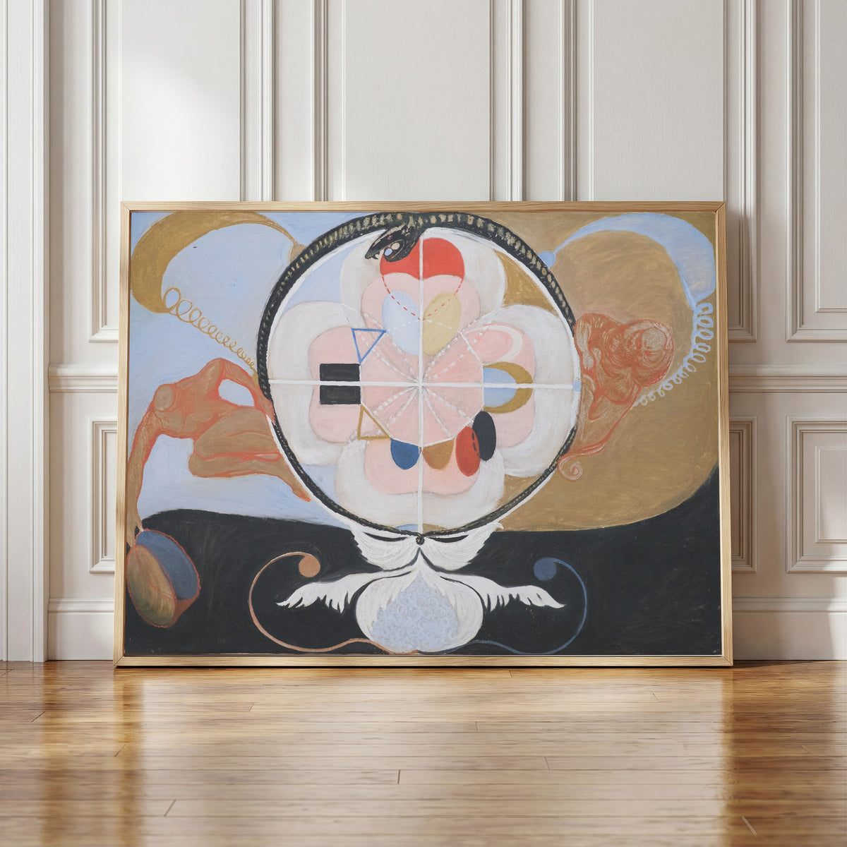Framed art print of Evolution, No. 13, Group VI by Hilma af Klint, in a light wood frame leaning against a panelled white wall