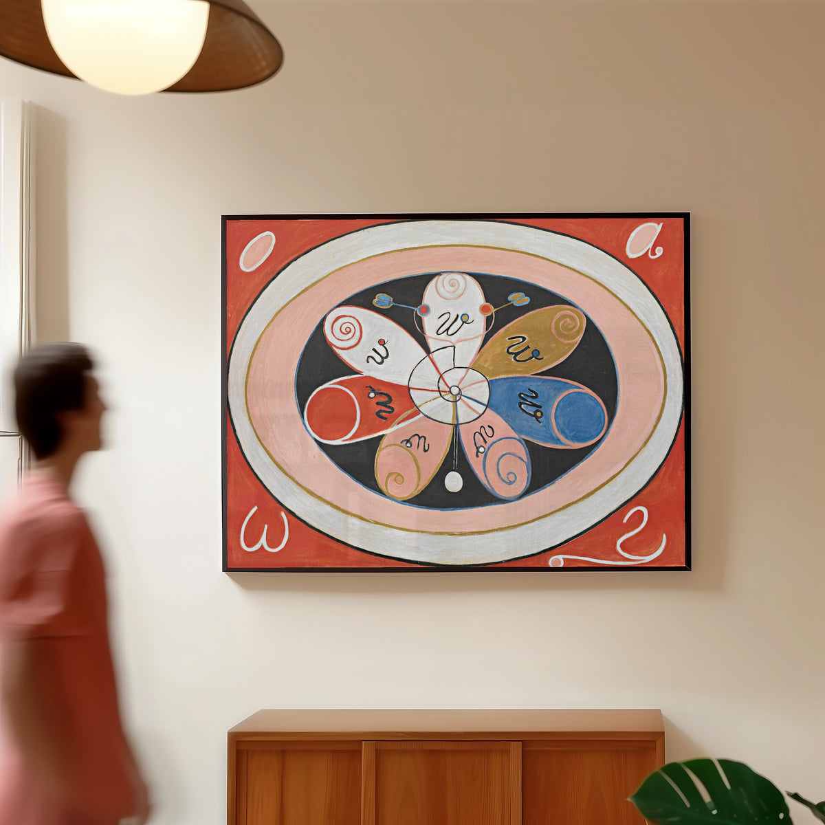 Framed art print of Evolution, No. 15, Group IV, The Seven-pointed Stars by Hilma af Klint, in a slim black frame on a warm wall in a sunlit room
