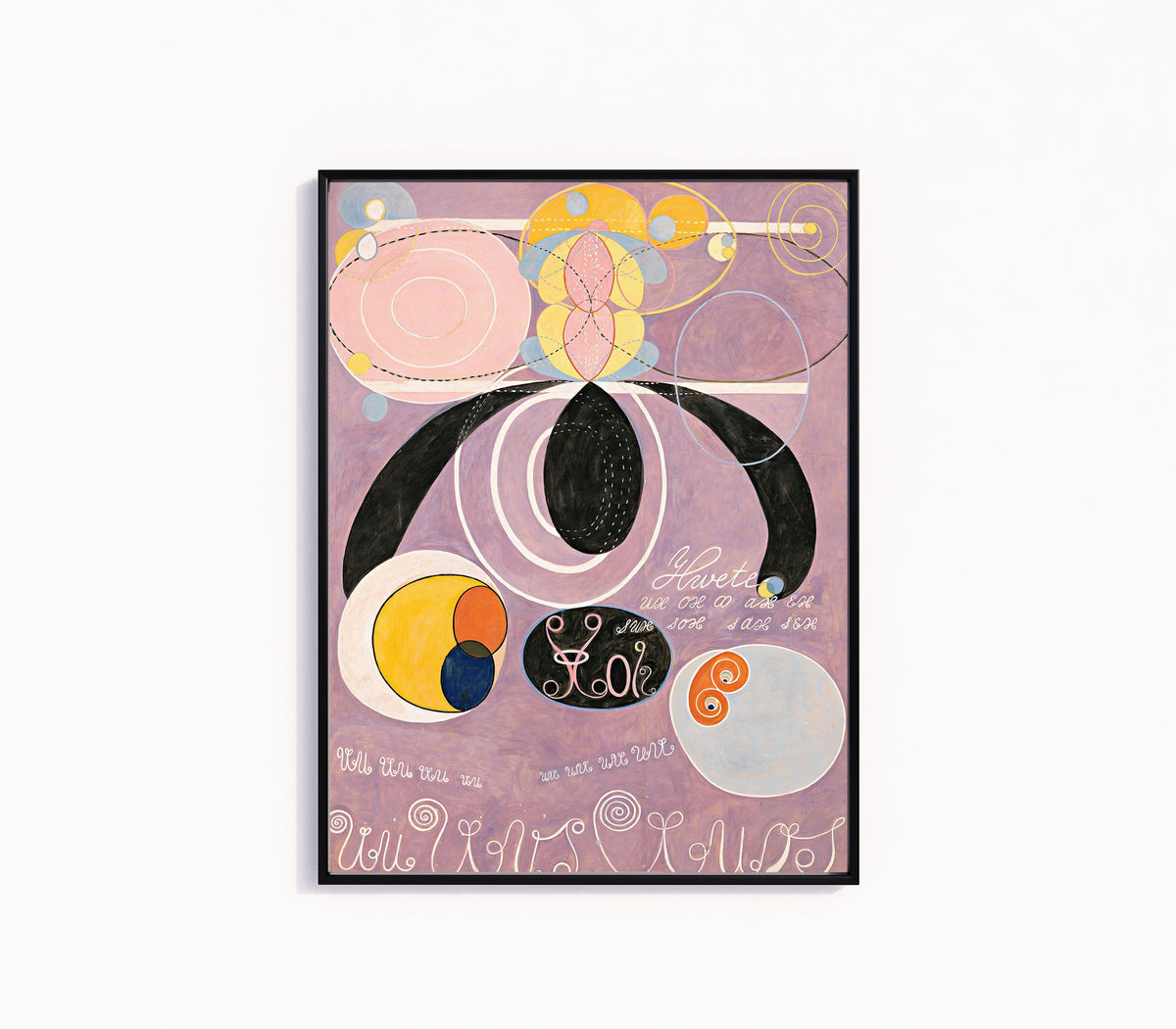 Framed art print of The Ten Largest, No. 6 by Hilma af Klint, in a slim black frame on a plain white wall