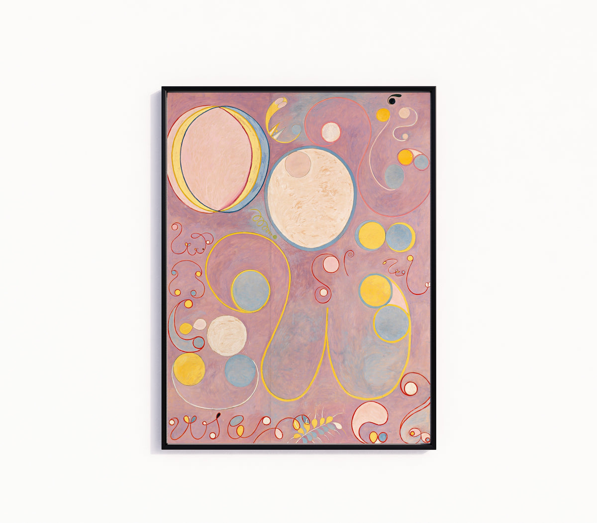 Framed art print of The Ten Largest, No. 8, Adulthood by Hilma af Klint, in a slim black frame on a plain white wall