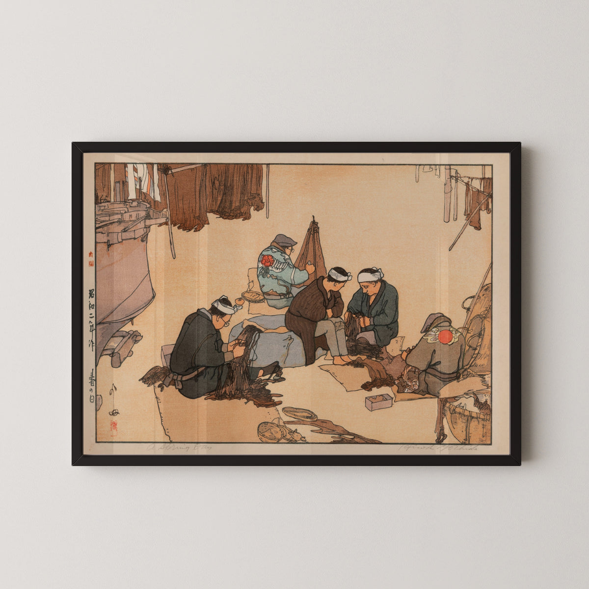 Framed art print of A Spring Day by Hiroshi Yoshida, in a black frame on a pale wall