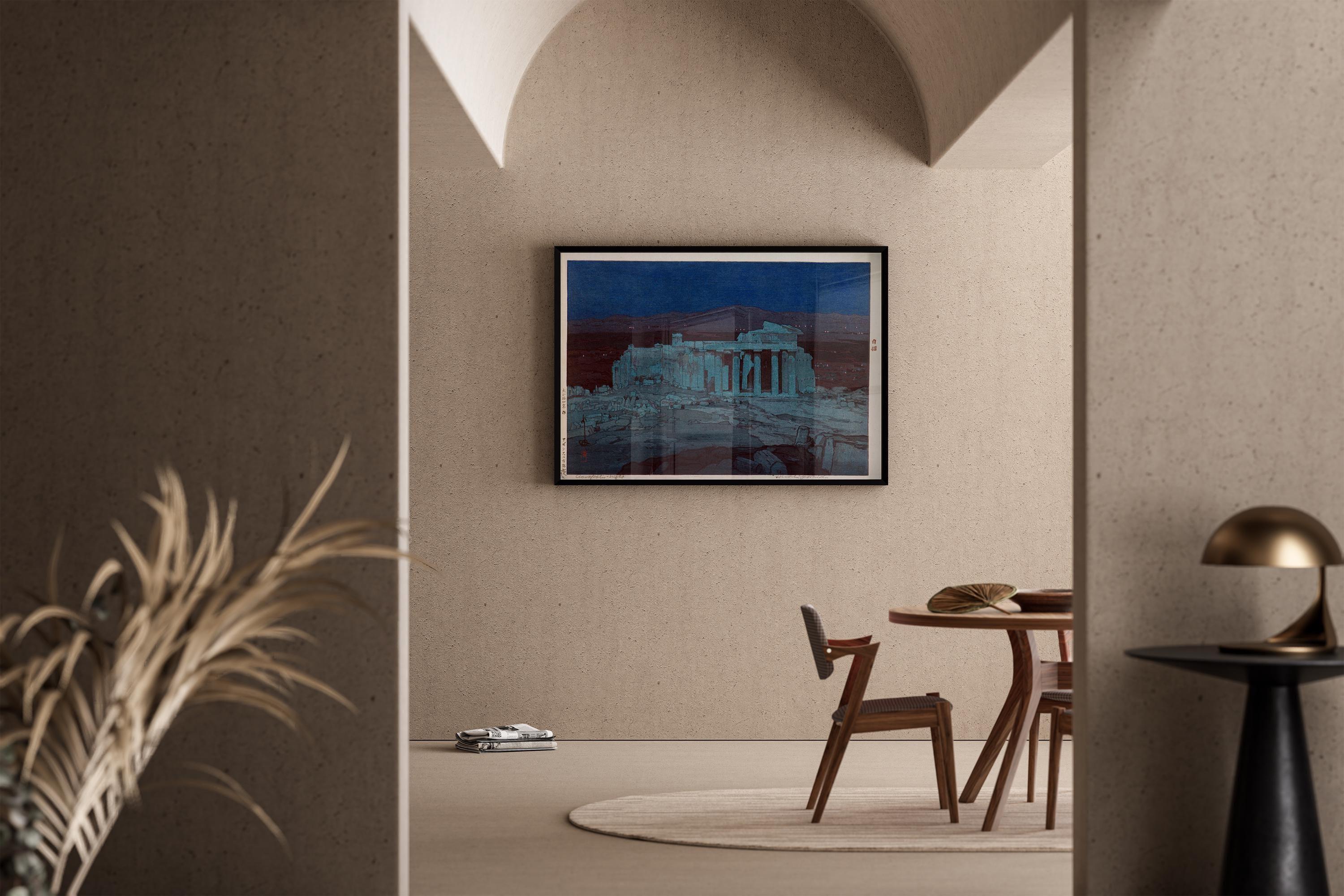 Hiroshi Yoshida – Ancient Ruins of Athens at Night | PRINT | Vintage Japanese Woodblock Art in Blue