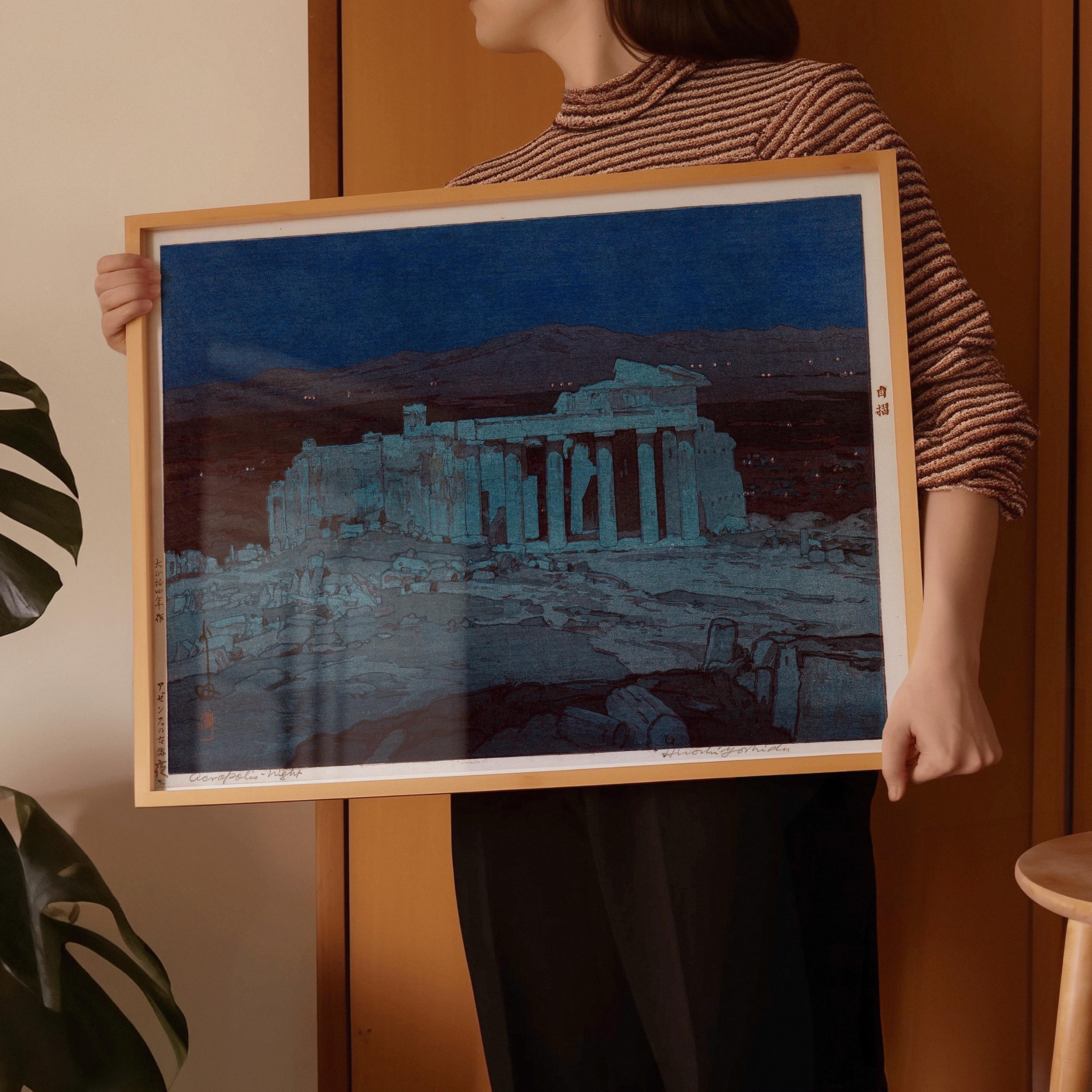 Hiroshi Yoshida – Ancient Ruins of Athens at Night | PRINT | Vintage Japanese Woodblock Art in Blue