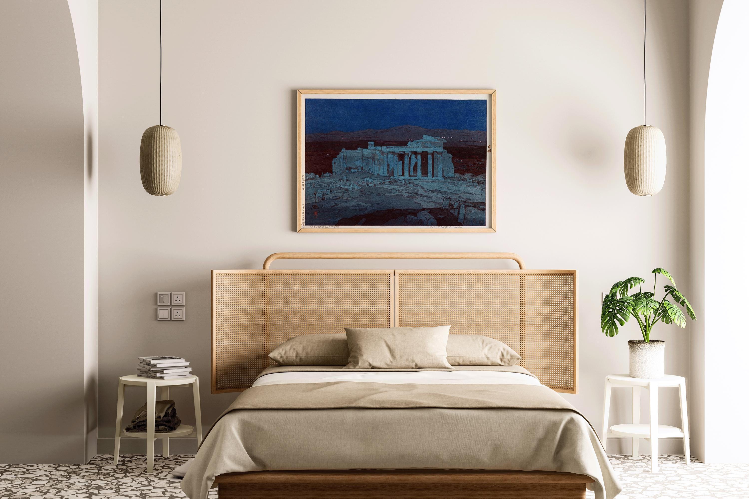 Hiroshi Yoshida – Ancient Ruins of Athens at Night | PRINT | Vintage Japanese Woodblock Art in Blue