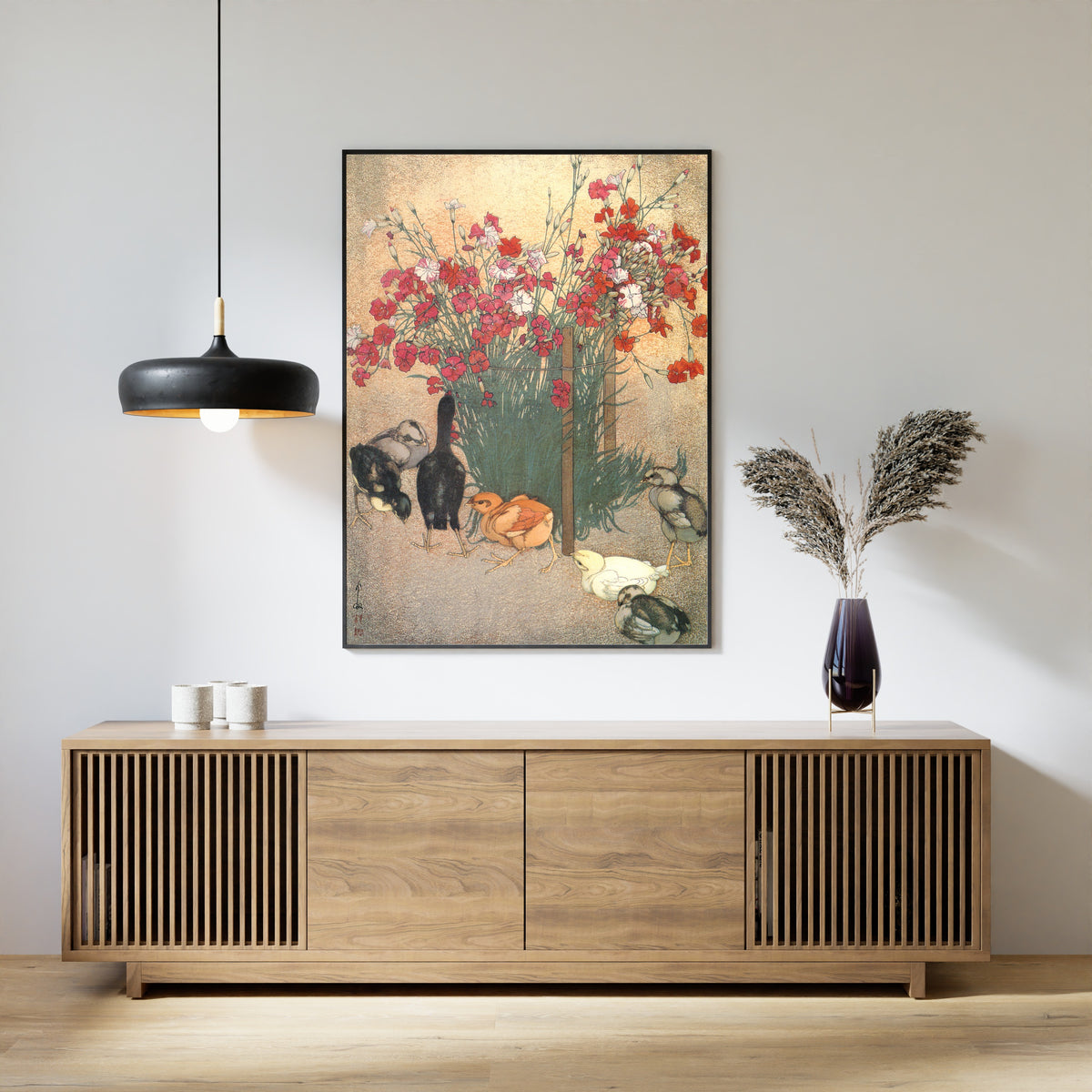 Framed art print of Chickens by Hiroshi Yoshida, above a slatted wood sideboard