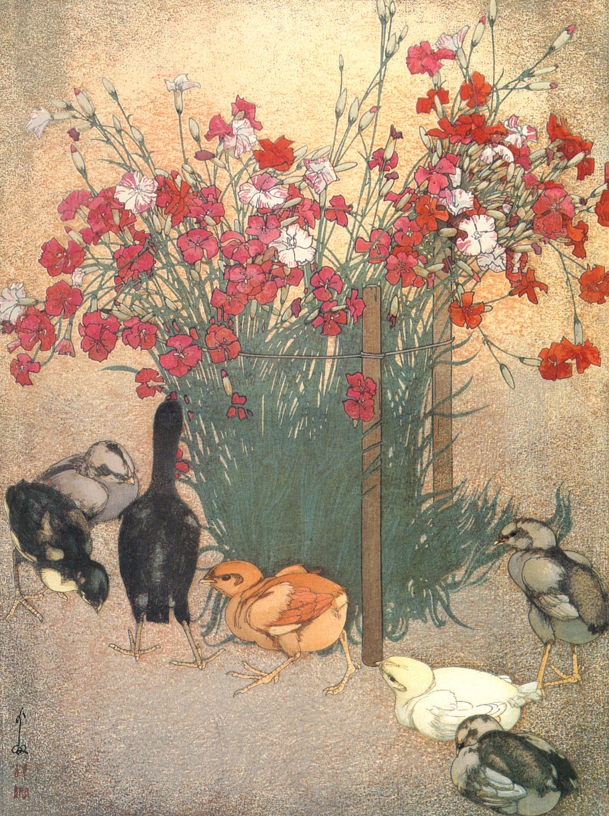 Chickens by Hiroshi Yoshida — Chicks of grey, black, orange and cream below red and pink flowers