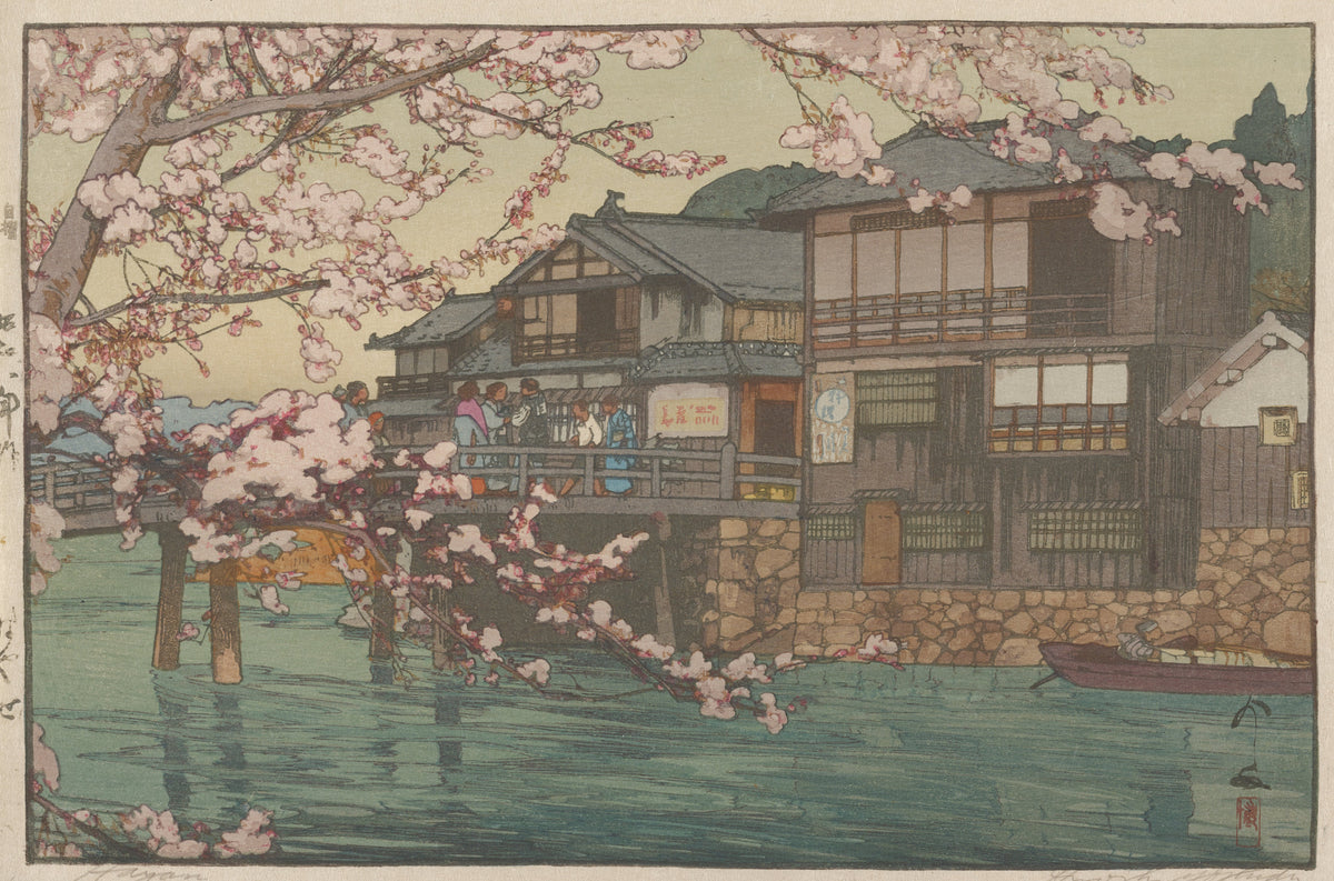Hayase by Hiroshi Yoshida — Cherry blossom branches framing a bridge and timber houses