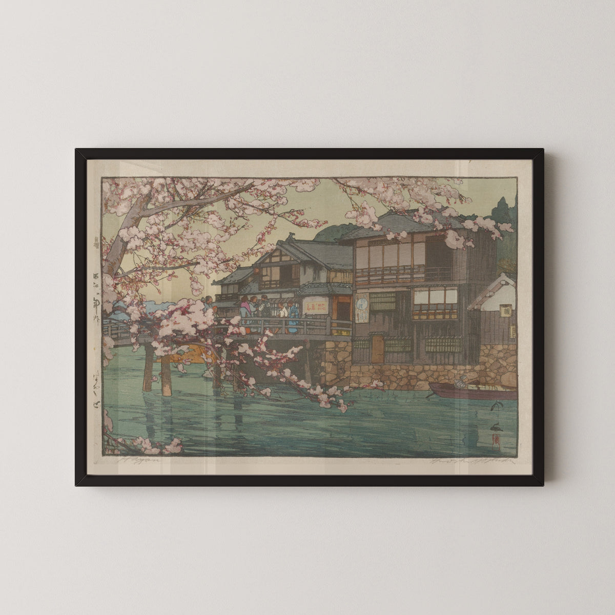 Framed art print of Hayase by Hiroshi Yoshida, in a black frame on a pale wall