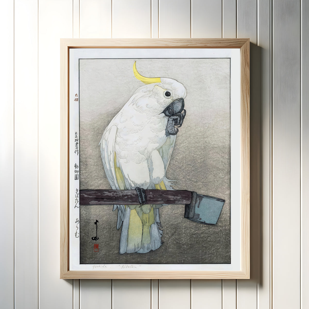 Framed art print of Kibatan Parrot by Hiroshi Yoshida, in a light wood frame on a white panelled wall