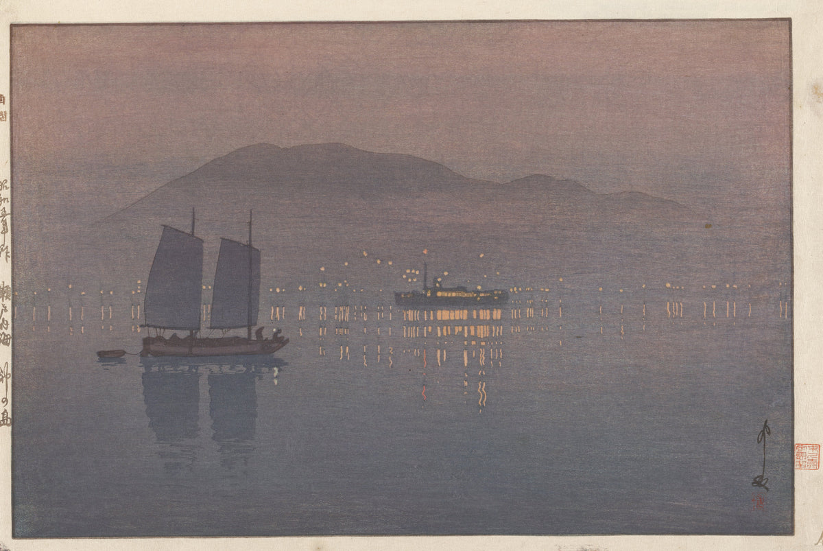 Kōnoshima by Hiroshi Yoshida — A sailing boat and a lit steamer on a hushed violet sea