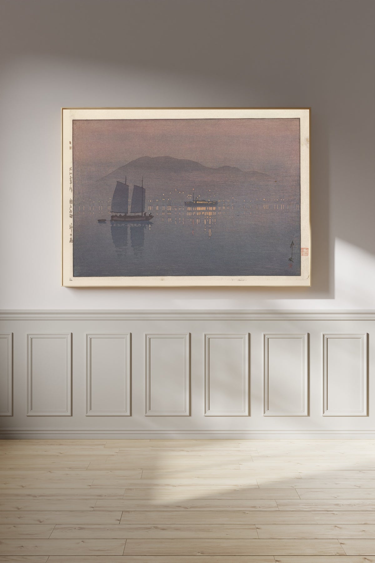 Framed art print of Kōnoshima by Hiroshi Yoshida, on a panelled wall in afternoon light
