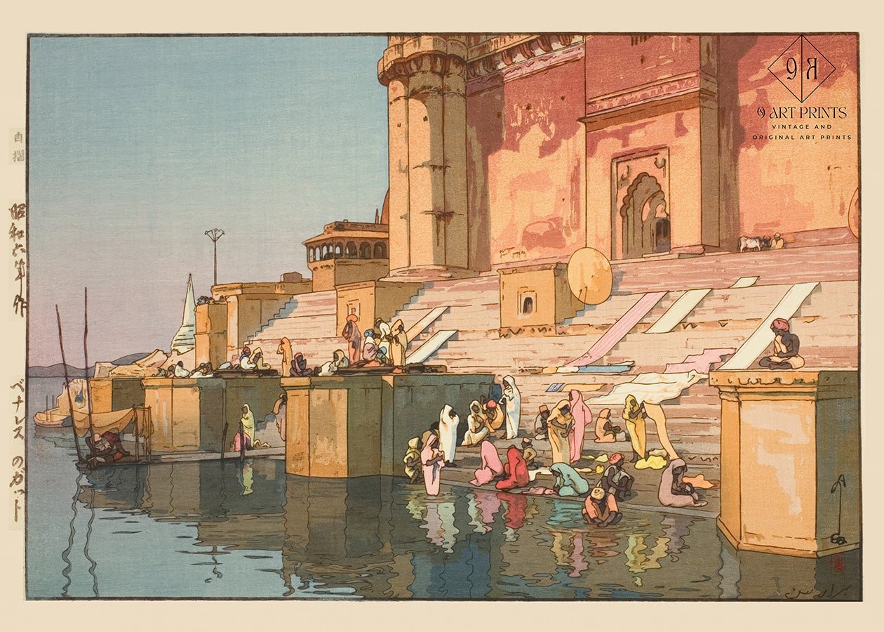 Hiroshi Yoshida Print: Ghat in Benares, Vintage Japanese Woodblock Art - 9ArtPrints