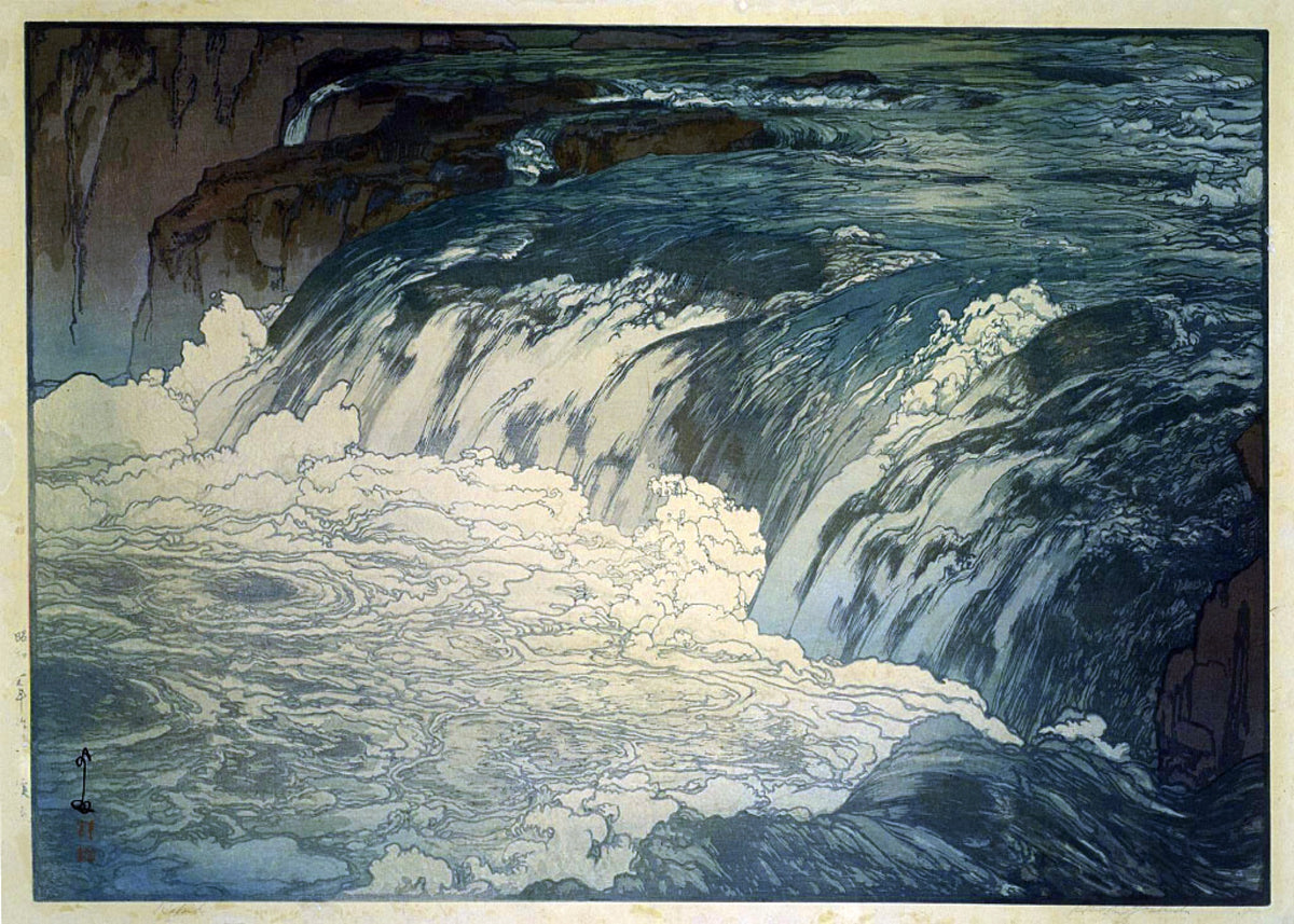Rapids by Hiroshi Yoshida — Blue-green water pours over a wide drop into cream-white foam