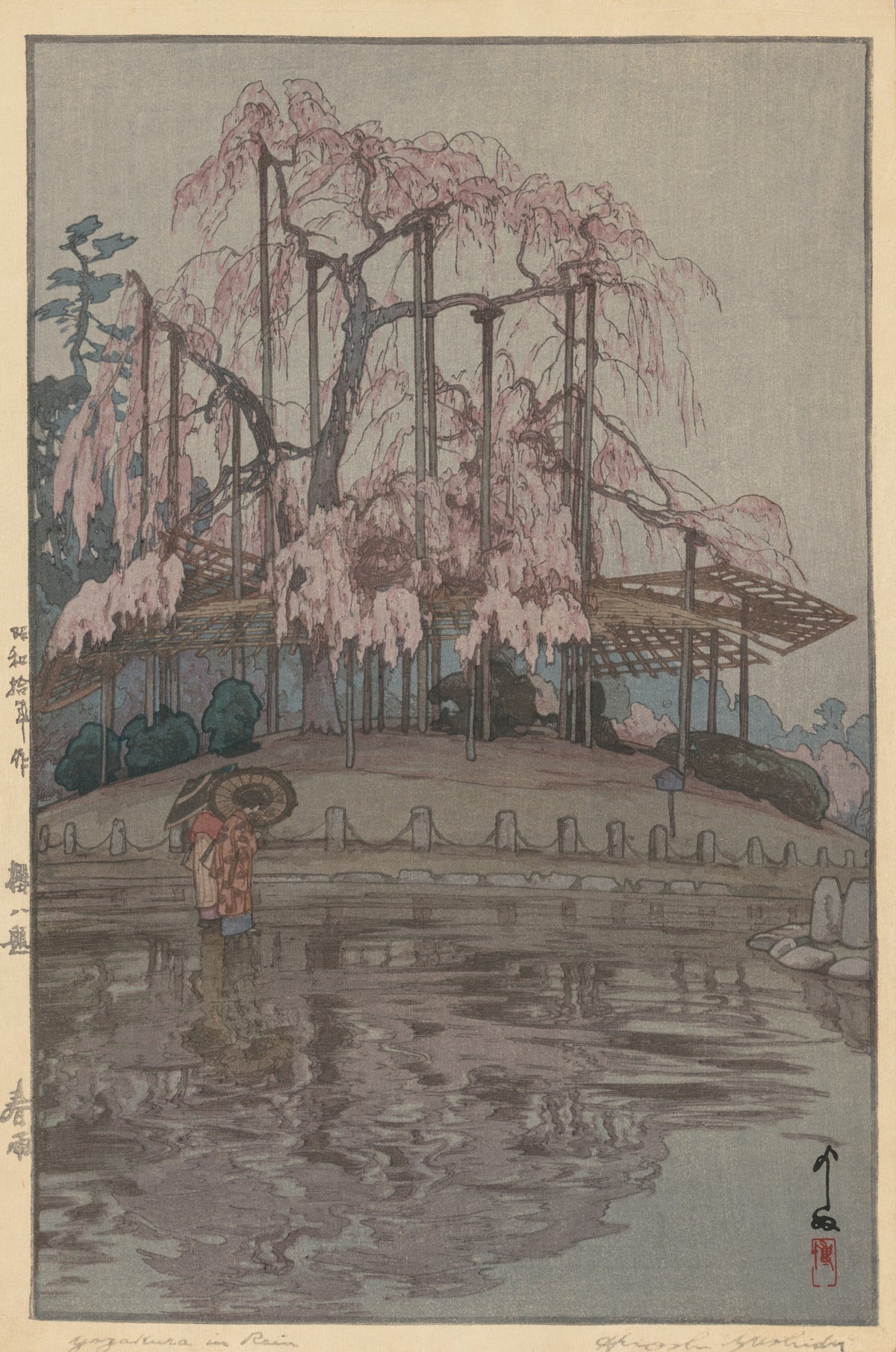 Spring Rain, from Eight Scenes of Cherry Blossoms by Hiroshi Yoshida — A pole-propped weeping cherry in bloom above a grey pond