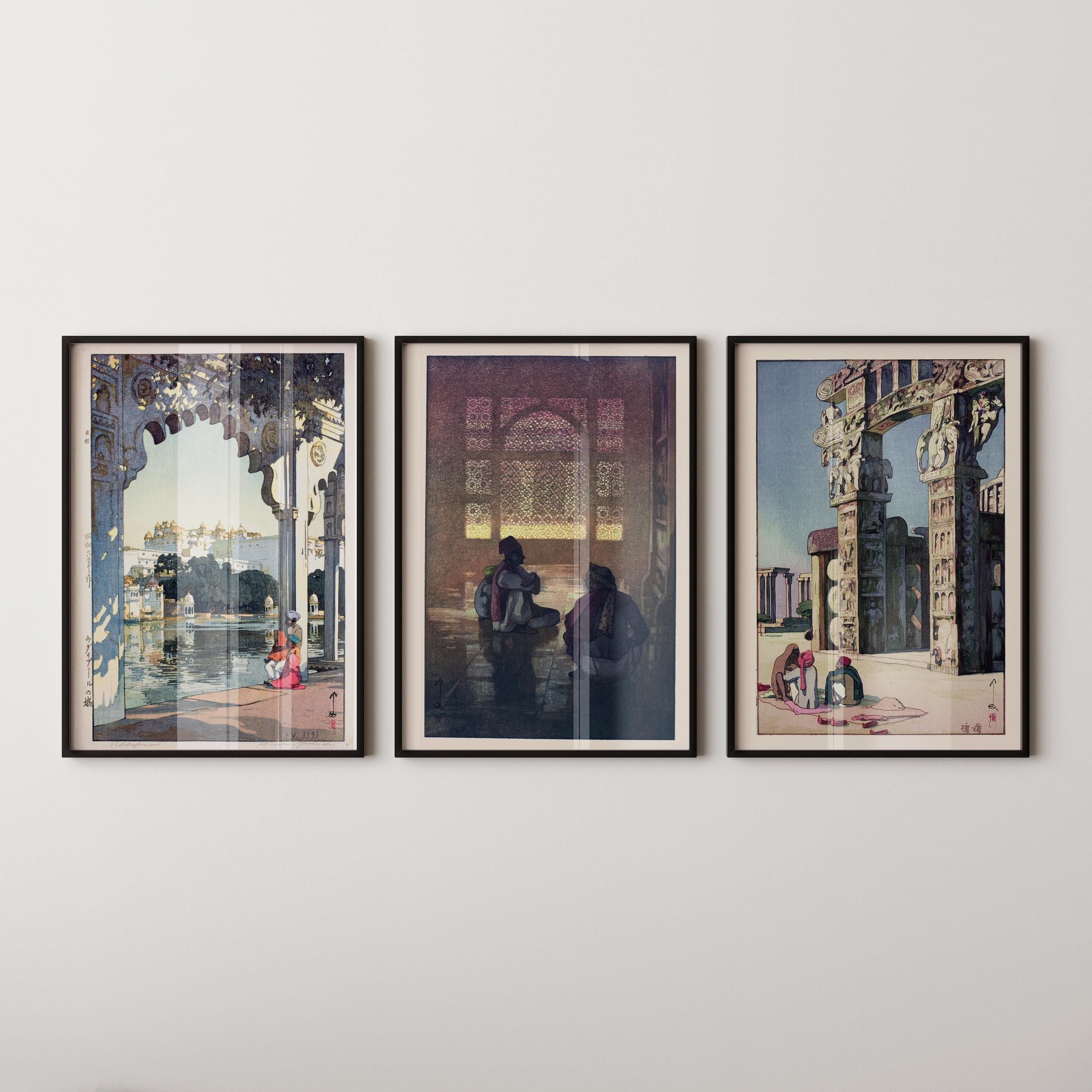 Hiroshi Yoshida STATEMENT TRIO | Udaipur Castle, Window in Fatehpur Sikri, Stupa in Sanchi | Japanese Art available framed - 9ArtPrints