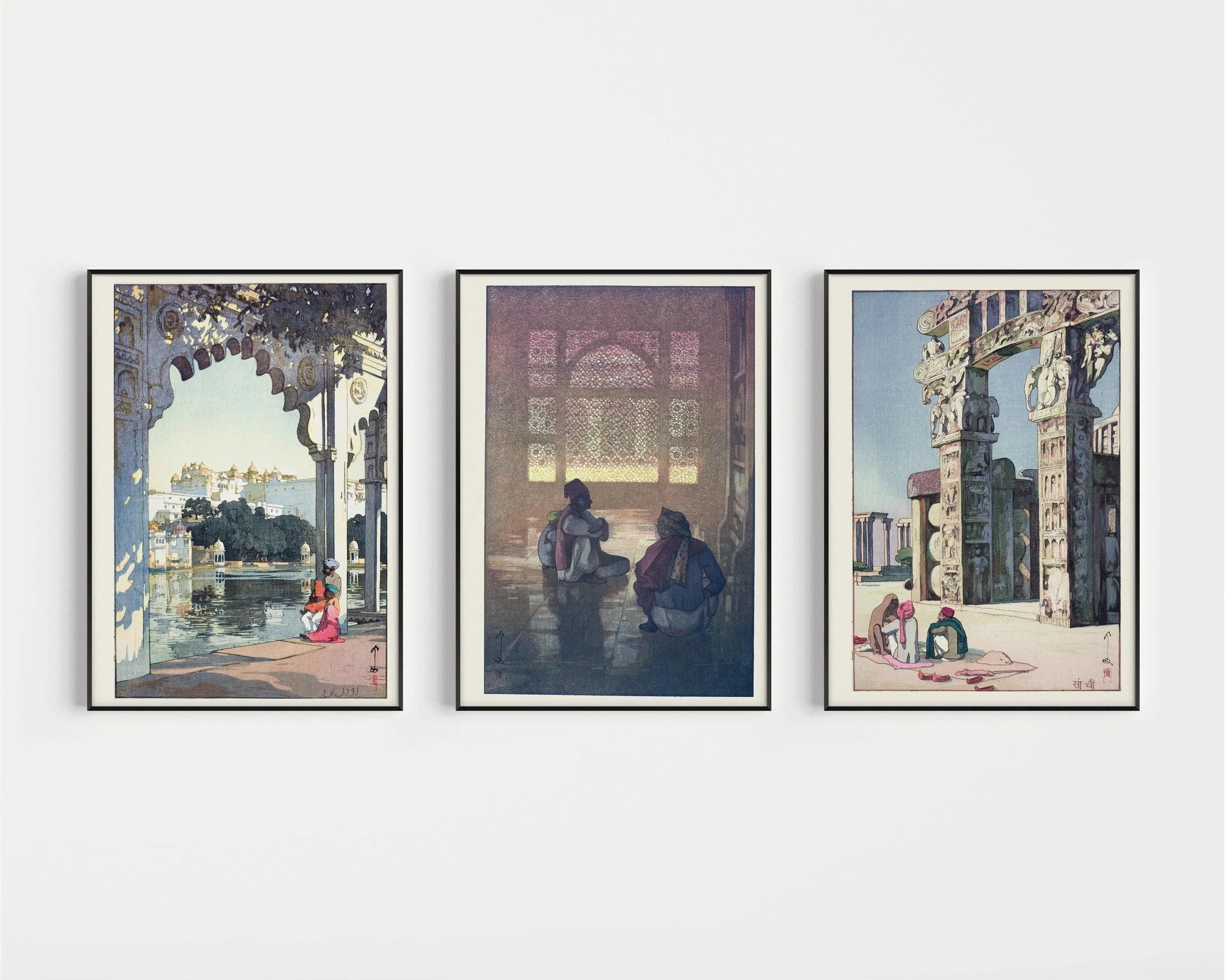 Hiroshi Yoshida STATEMENT TRIO | Udaipur Castle, Window in Fatehpur Sikri, Stupa in Sanchi | Japanese Art available framed - 9ArtPrints
