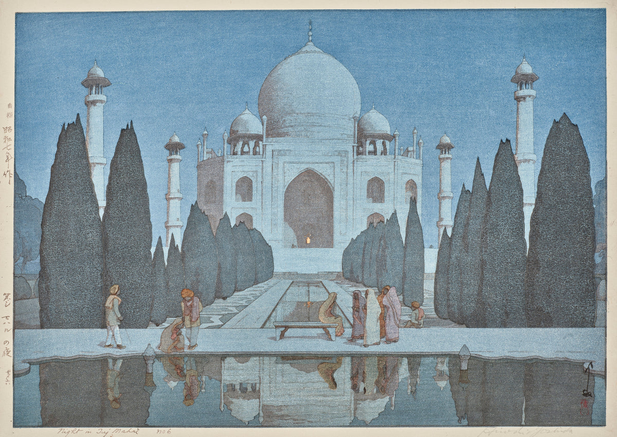 Taj Mahal at Night, No. 6 by Hiroshi Yoshida — The Taj Mahal glows pale blue between dark cypresses