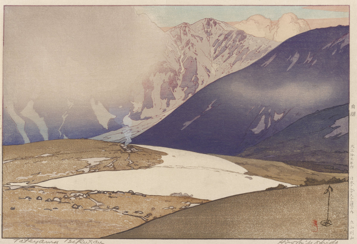 Tateyama Betsuzan by Hiroshi Yoshida — Mist drifting past an indigo slope above tawny ground