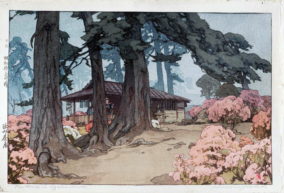 Tea House in Azalea Garden by Hiroshi Yoshida — Pink azaleas and tall dark trunks around a low teahouse