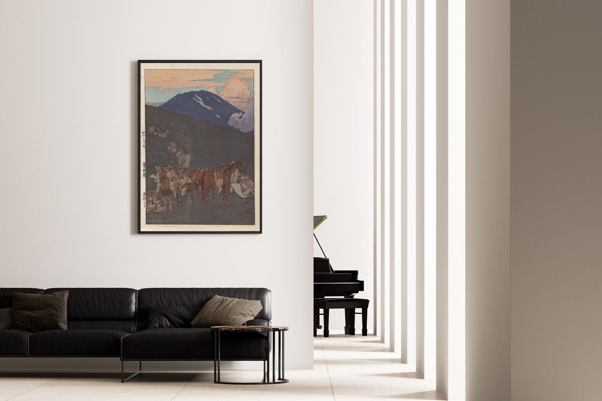 Framed art print of The Horse Turn-Back by Hiroshi Yoshida, on the wall of a minimal living room