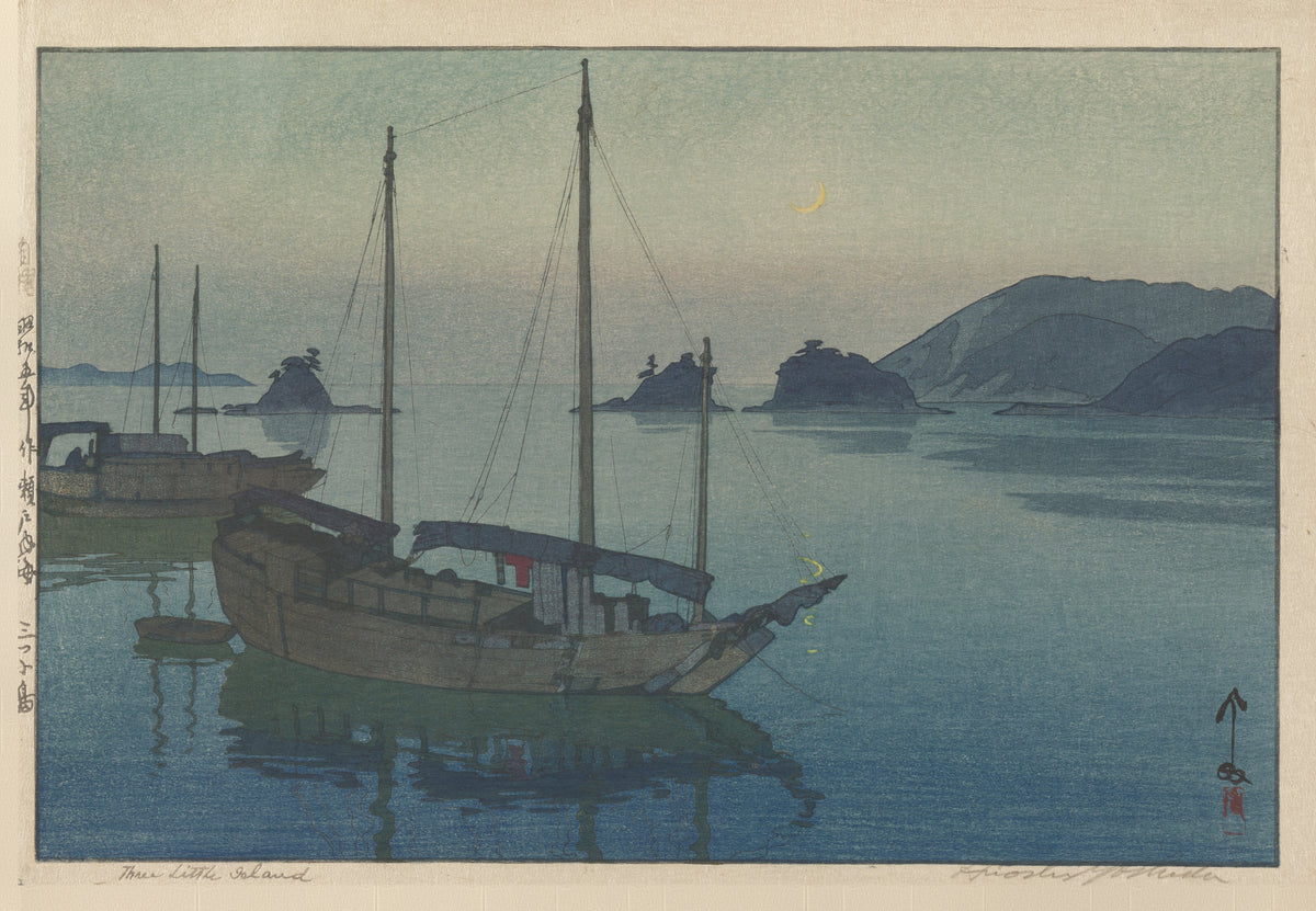 Three Little Islands by Hiroshi Yoshida — A moored boat beneath a crescent moon on still water