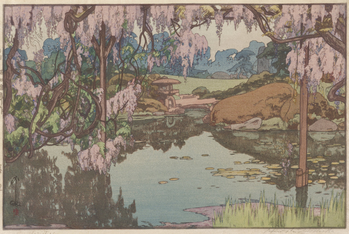 Wisteria Garden by Hiroshi Yoshida — Wisteria over a still pond with yellow lily pads