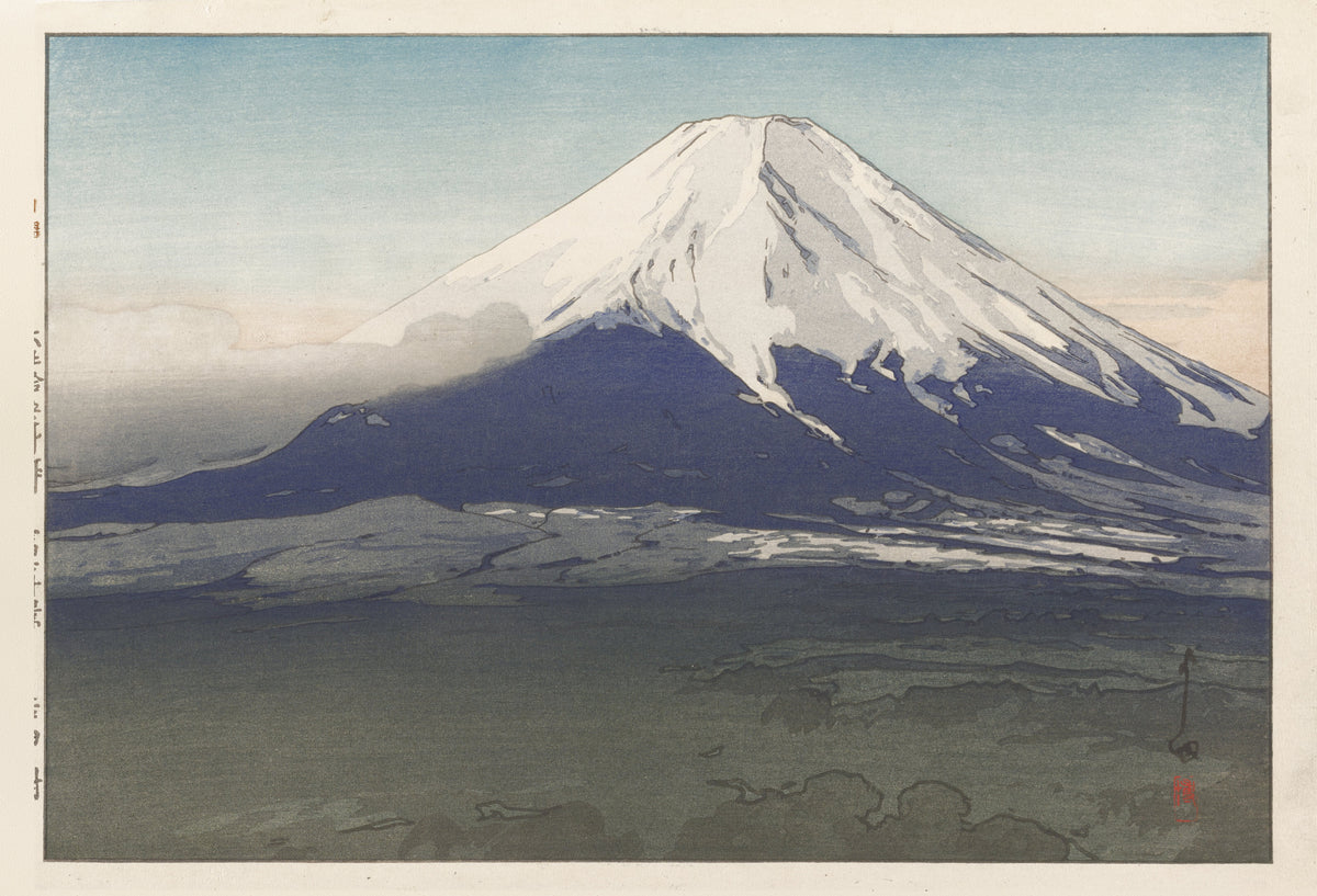 Yoshida Village by Hiroshi Yoshida — Fuji's snowy cone above a dark green plain