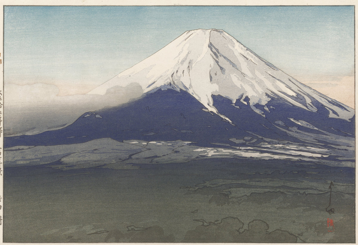 Yoshida Village by Hiroshi Yoshida — Fuji's snowy cone above a dark green plain