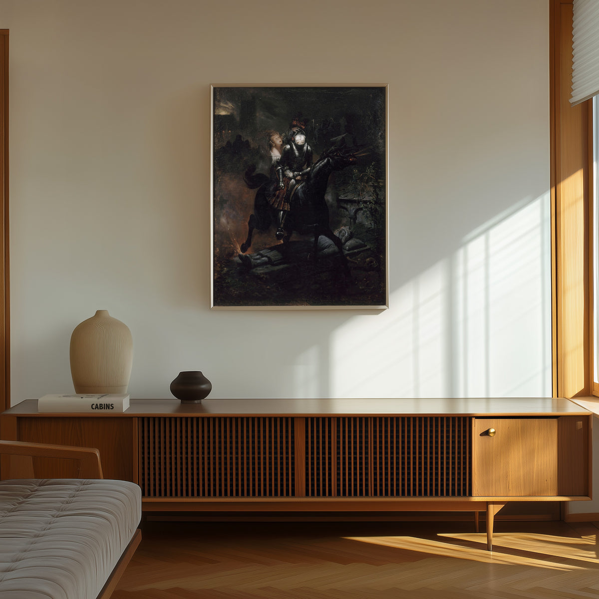 Framed art print of La Ballade de Lénore by Horace Vernet, in a thin light frame on a sunlit wall above a wooden sideboard