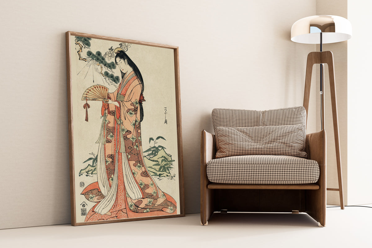 Sotoori Hime by Hosoda Eishi — framed and leaning against a wall beside an armchair and a floor lamp