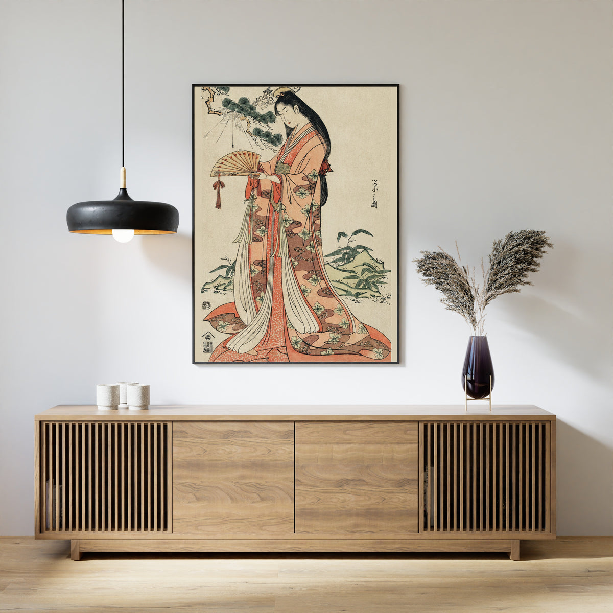 Sotoori Hime by Hosoda Eishi — framed above a slatted wood sideboard