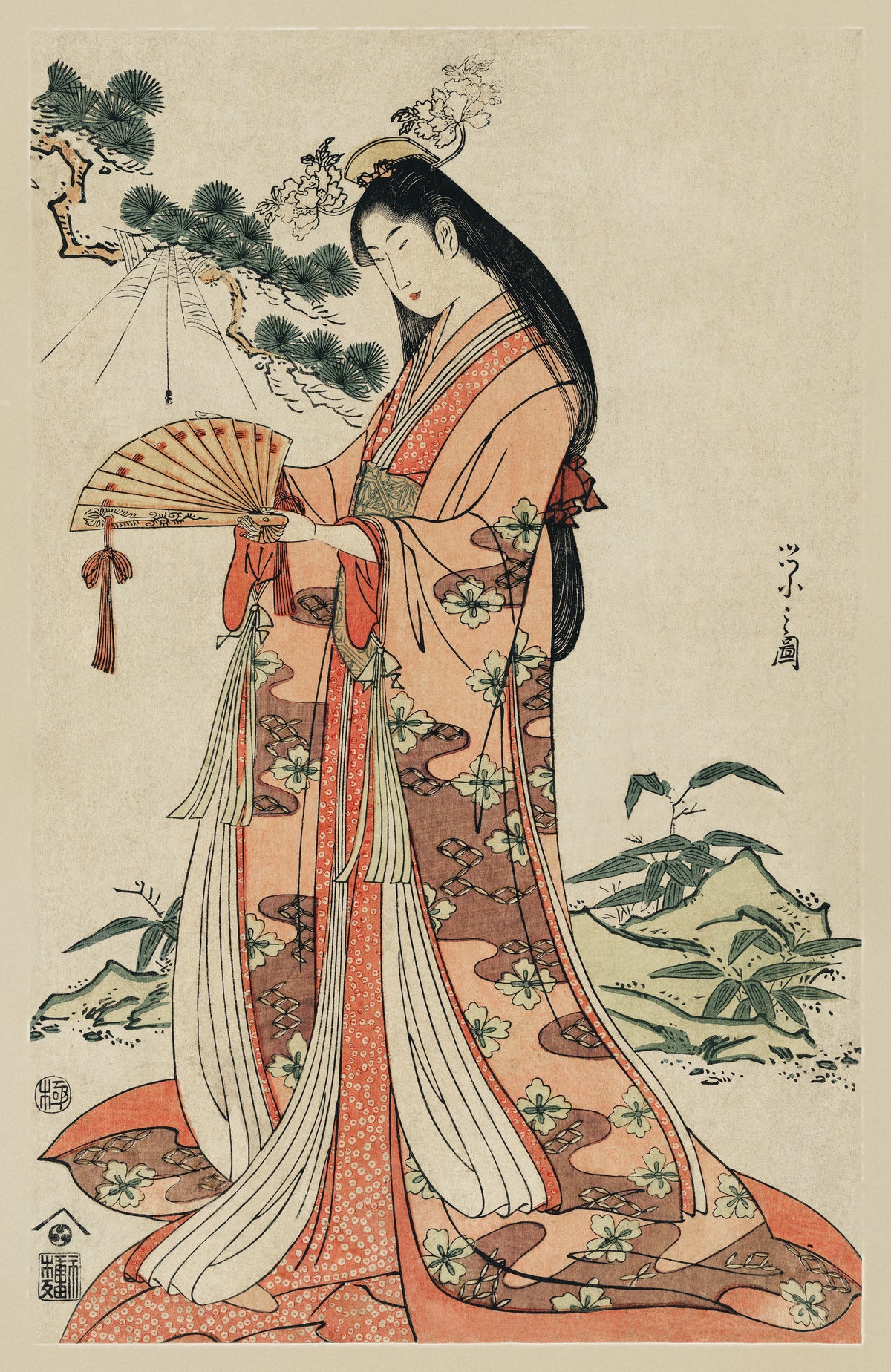 Sotoori Hime by Hosoda Eishi — A court beauty lifts an open fan beneath a pine bough