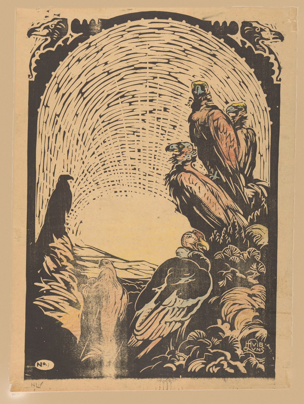 De Condors by Huib Luns — Four condors gather on a rocky crag beneath a radiating sky