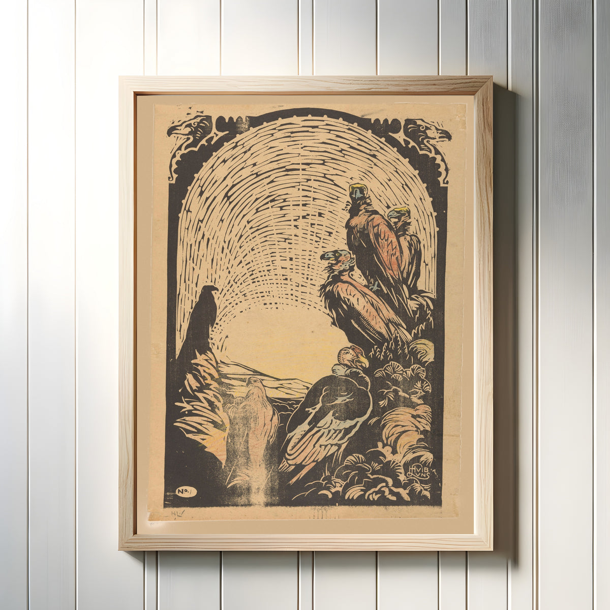 Framed art print of De Condors by Huib Luns, in a light wood frame on a white panelled wall