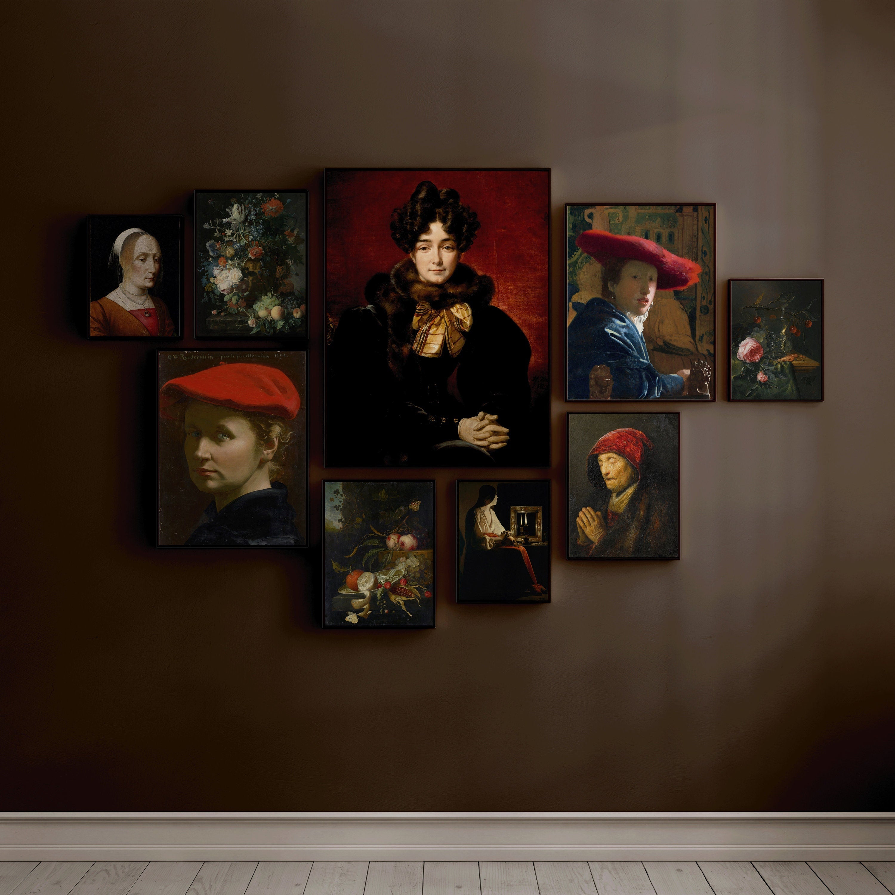 Gallery Wall Set of 9 Dark Academia Art Prints | Vermeer, Rembrandt, Van Huysum and Vernet (available framed or unframed)