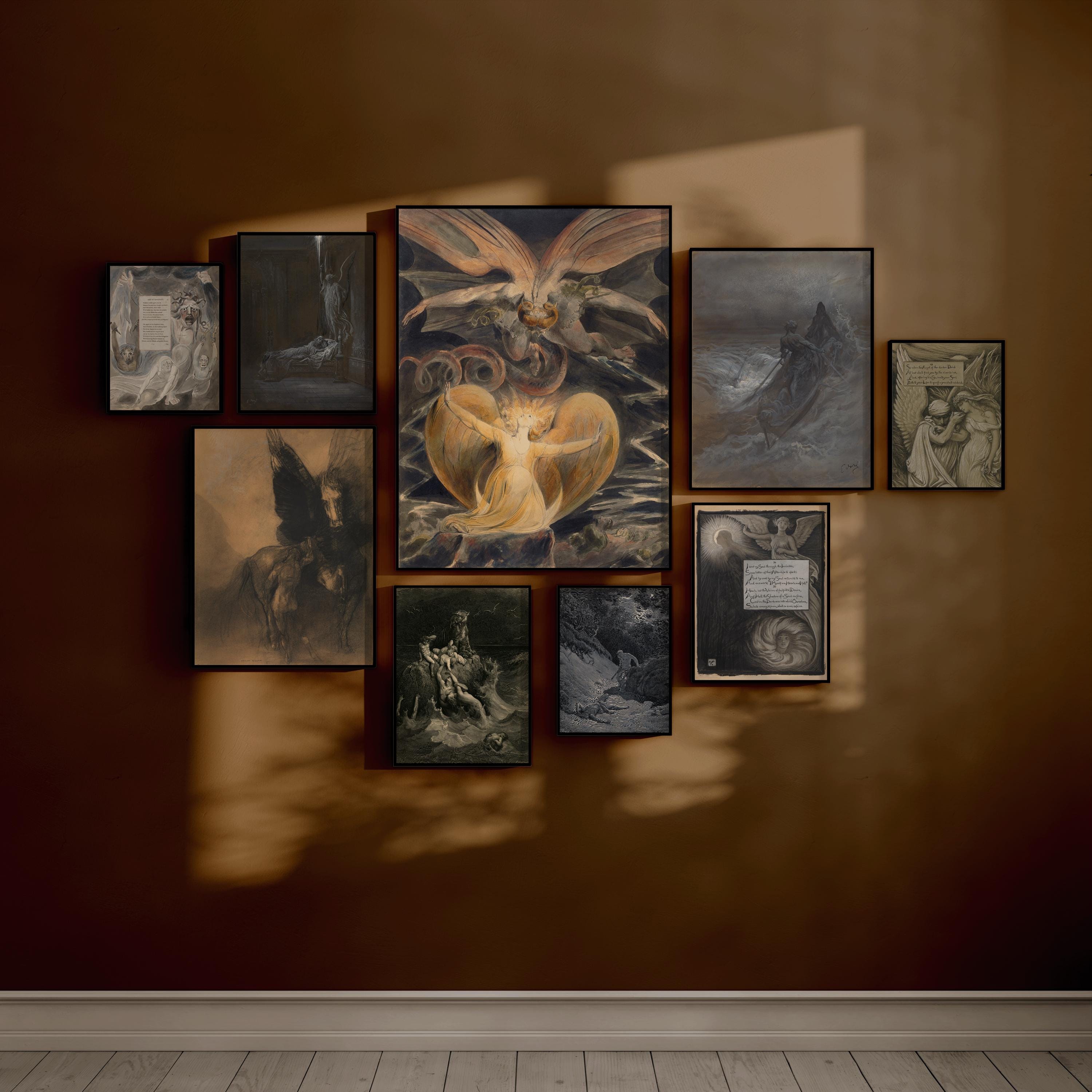 Dark Visions - A Curated Set of 9 Mythical and Spiritual Works by Doré, Blake, Pisan & Vedder (available handframed or unframed)