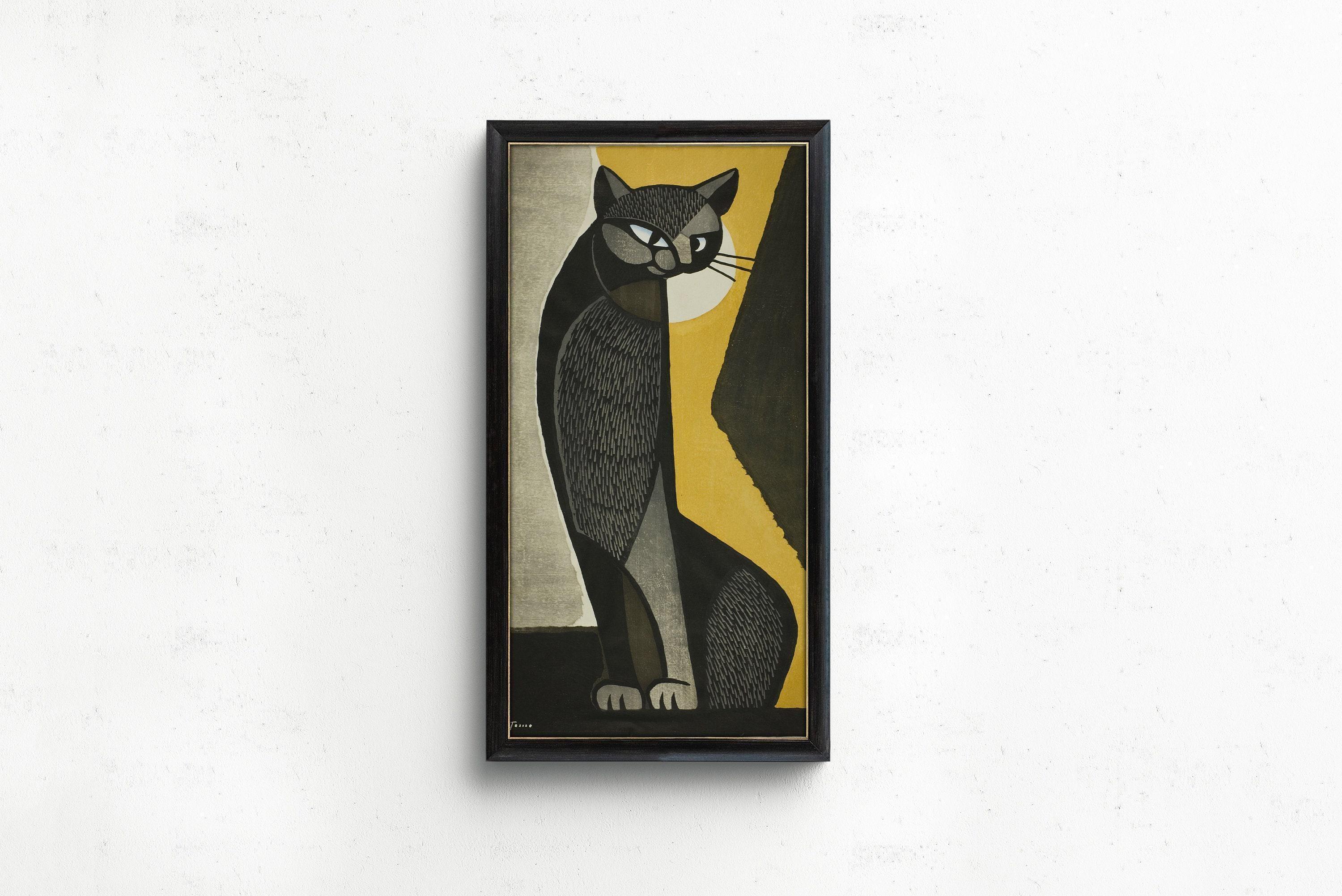 Inagaki Tomoo - Black Cat | PRINT | Vintage Asian Japanese Tall Narrow Vertical Art (available handframed or unframed) 2x1 - 9ArtPrints