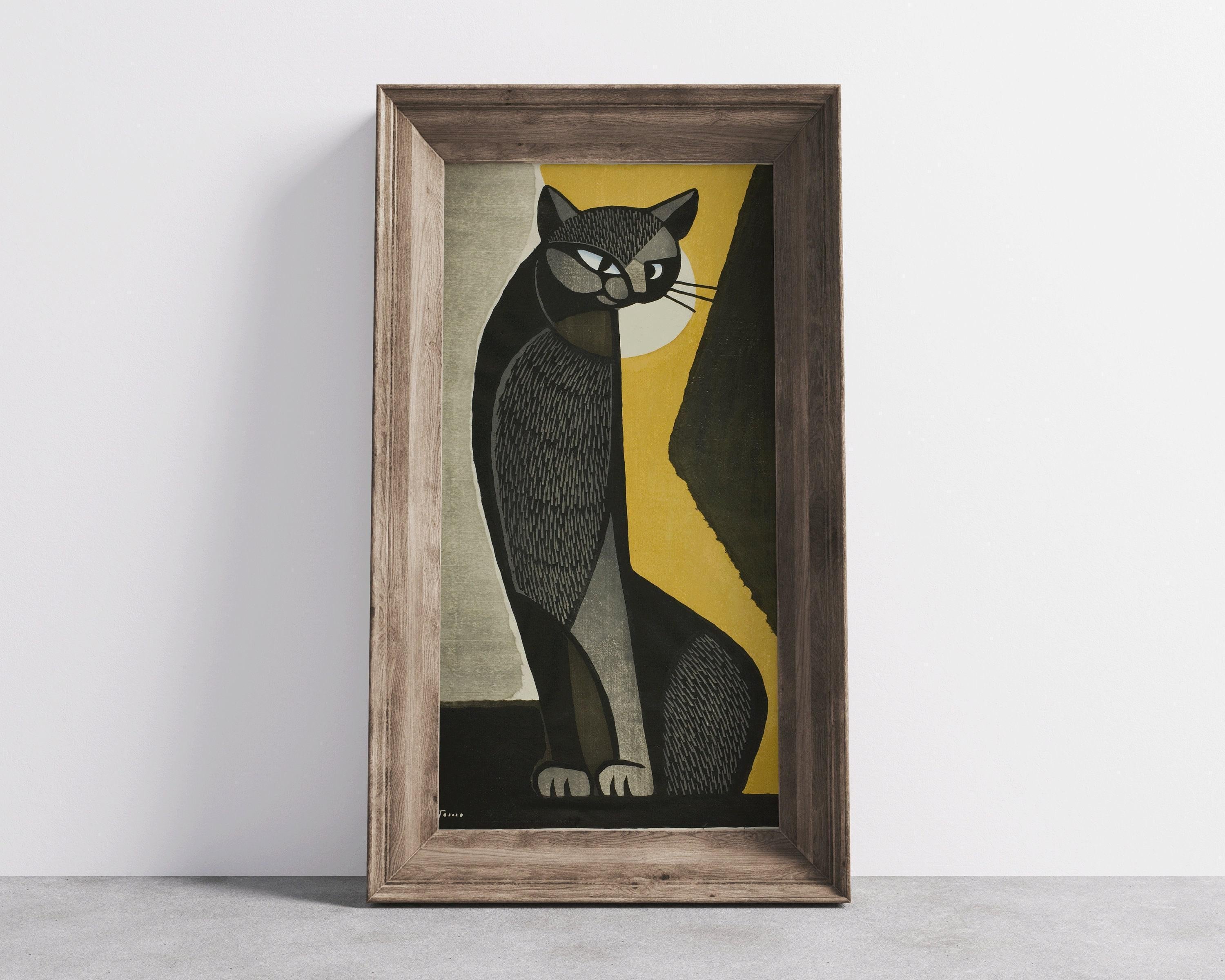 Inagaki Tomoo - Black Cat | PRINT | Vintage Asian Japanese Tall Narrow Vertical Art (available handframed or unframed) 2x1 - 9ArtPrints