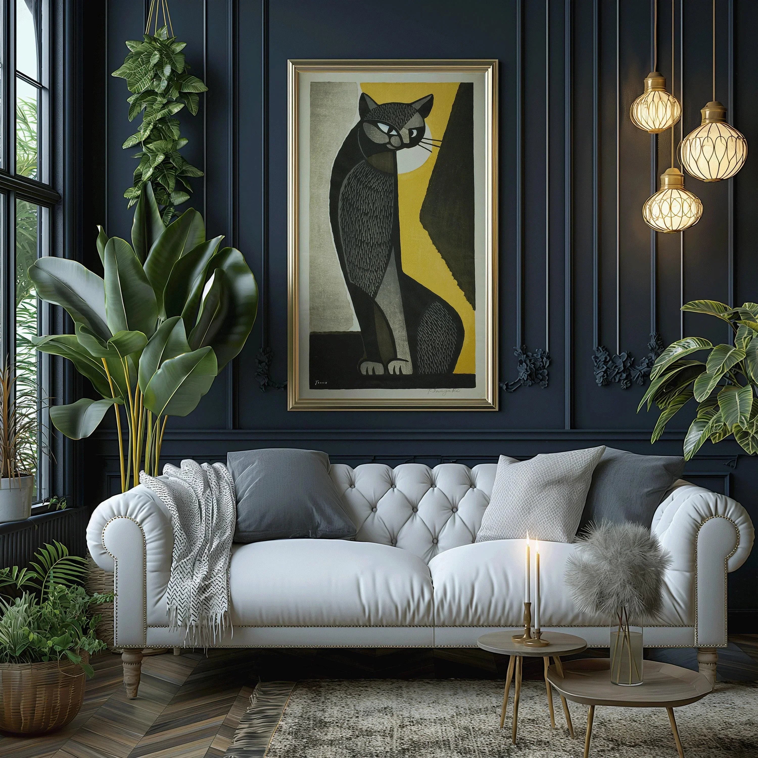 Inagaki Tomoo - Black Cat | PRINT | Vintage Asian Japanese Tall Narrow Vertical Art (available handframed or unframed) 2x1 - 9ArtPrints