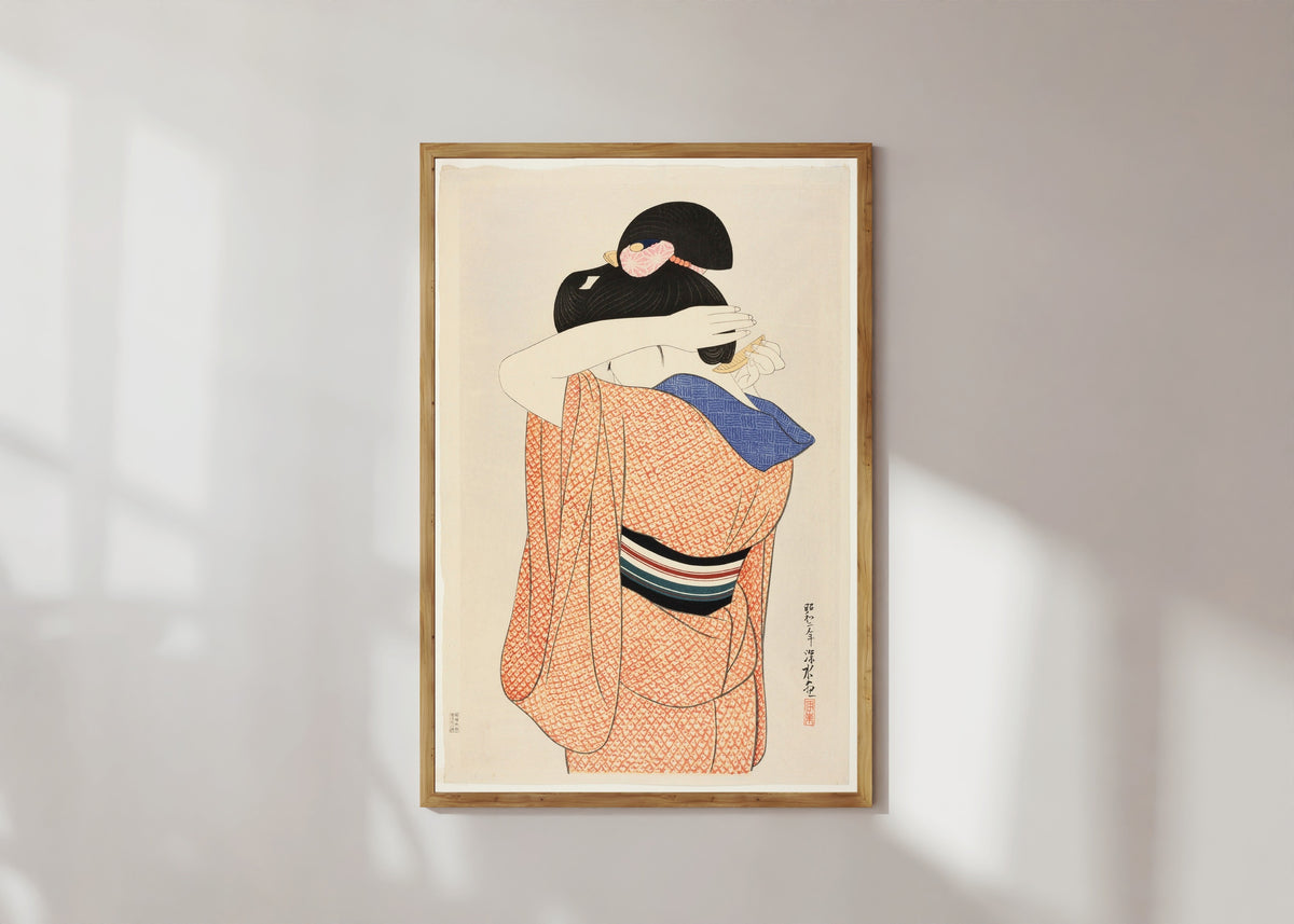 Framed art print of The Long Undergarment by Ito Shinsui, in a light wood frame on a sunlit white wall