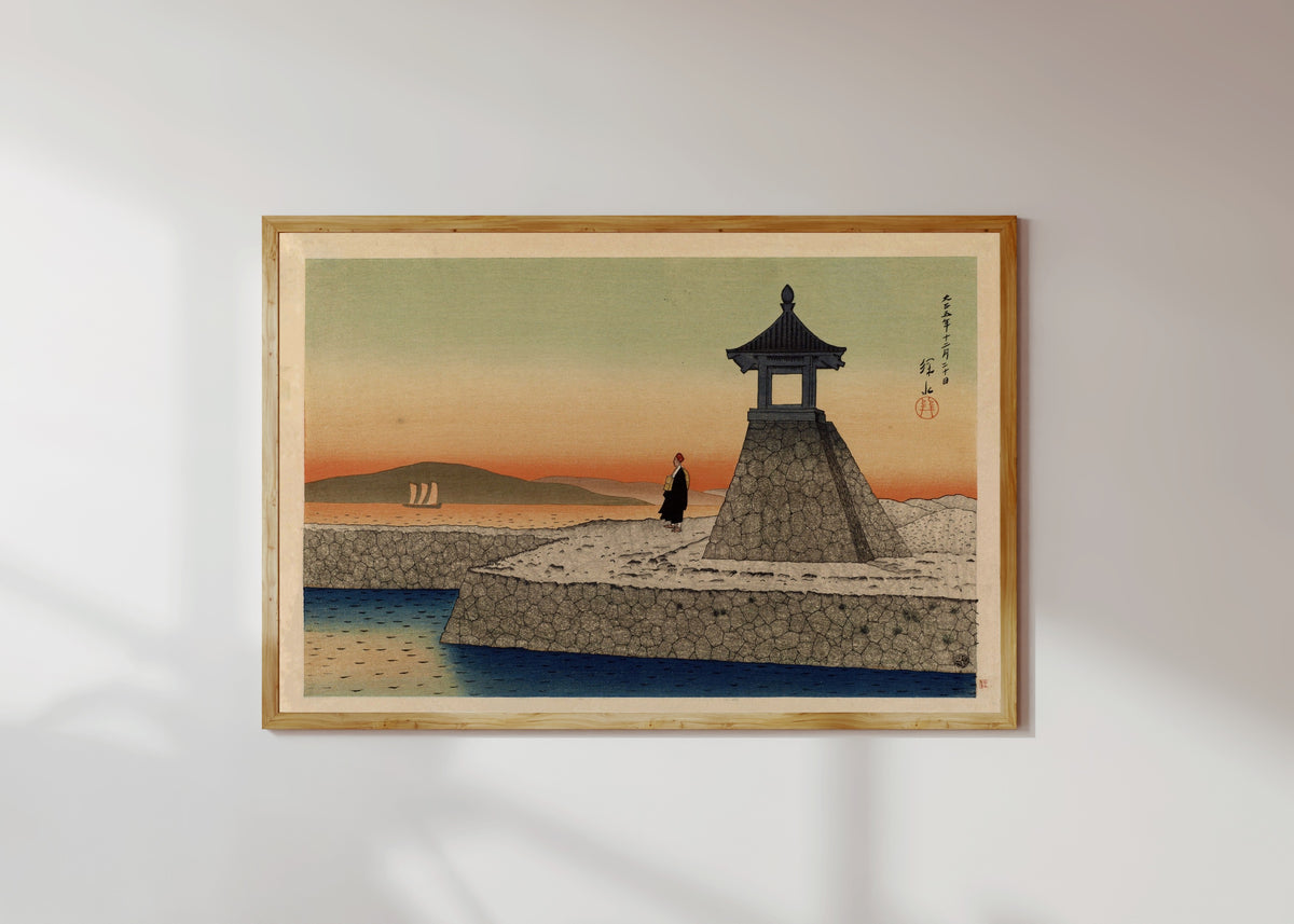 Framed art print of Sunrise at Akashi by Ito Shinsui, in a light wood frame on a sunlit white wall