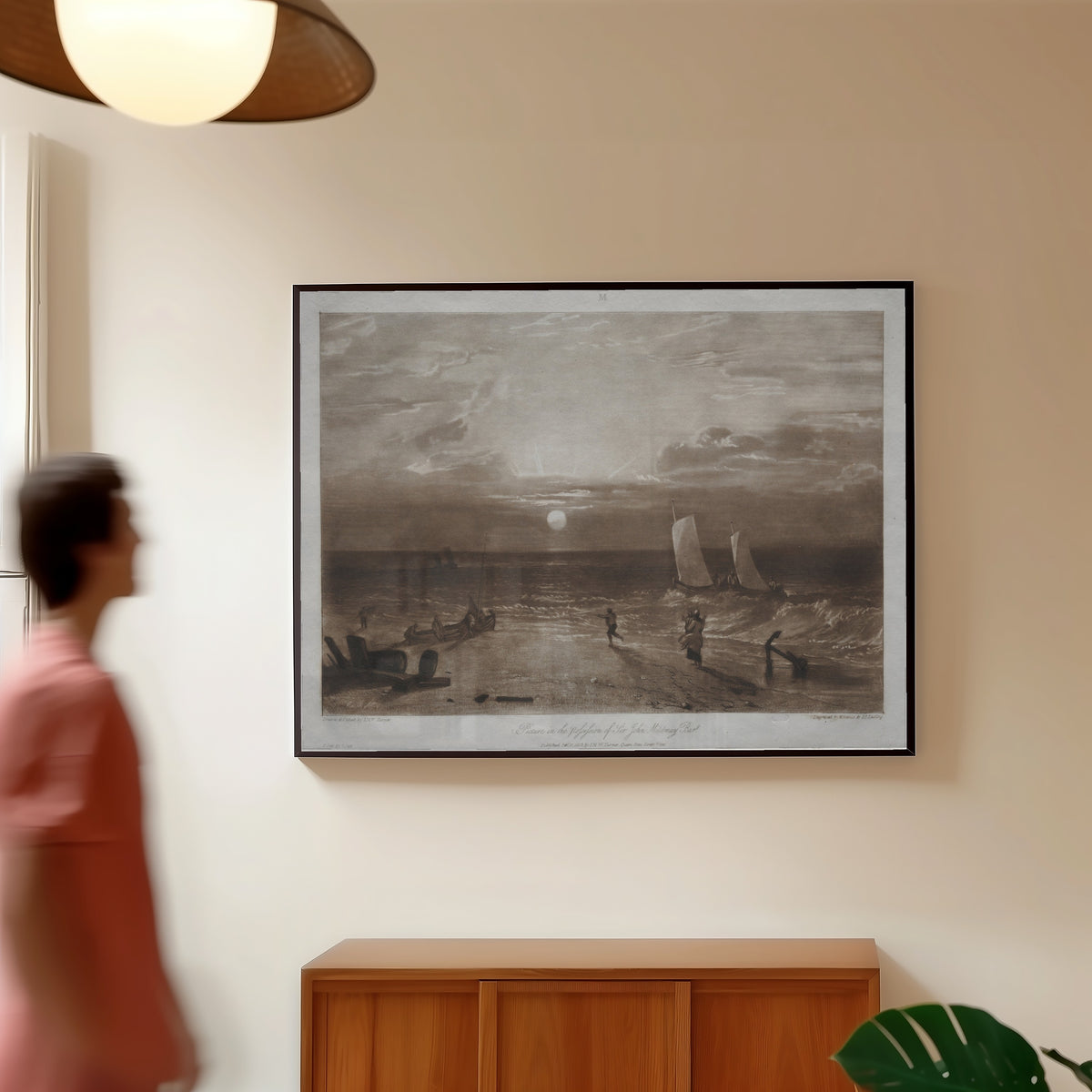 Framed art print of Liber Studiorum: Mildmay Sea-piece by J.M.W. Turner, in a slim black frame on a warm wall in a sunlit room