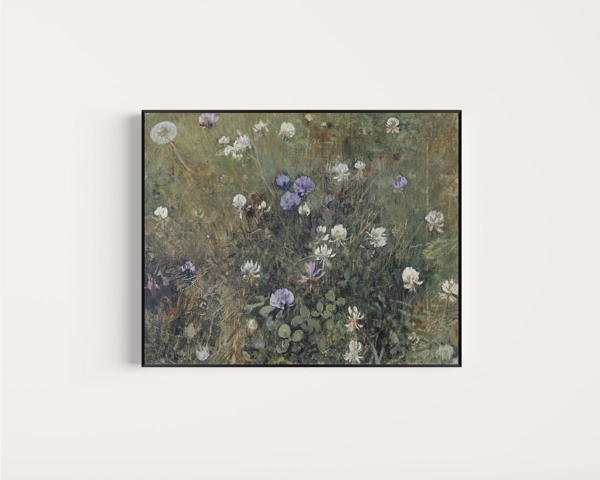 Framed art print of Blooming Clover by Jac van Looij, in a slim black frame on a plain white wall