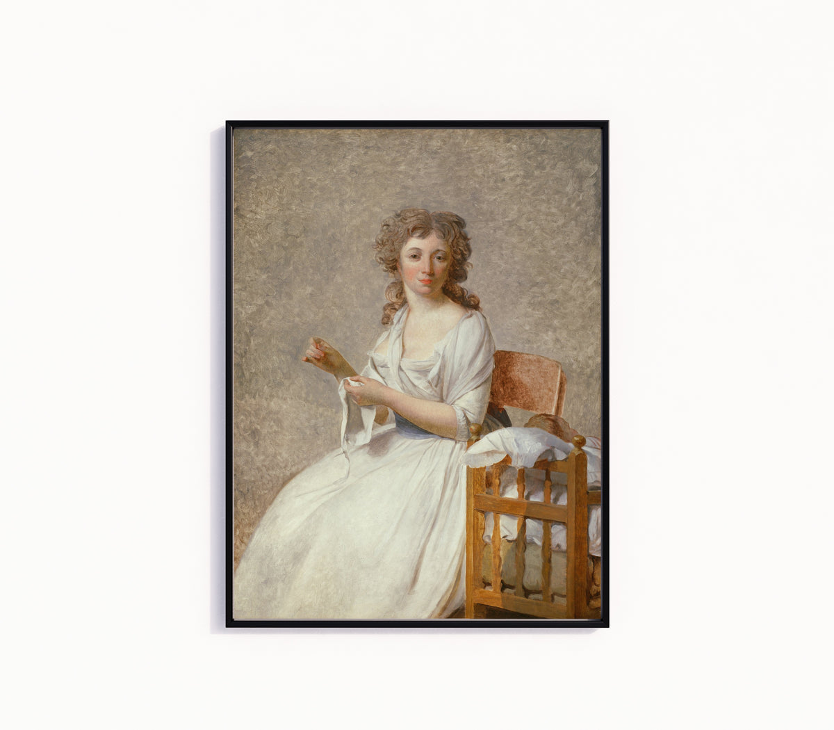 Framed art print of Madame de Pastoret and Her Son by Jacques-Louis David, in a slim black frame on a plain white wall