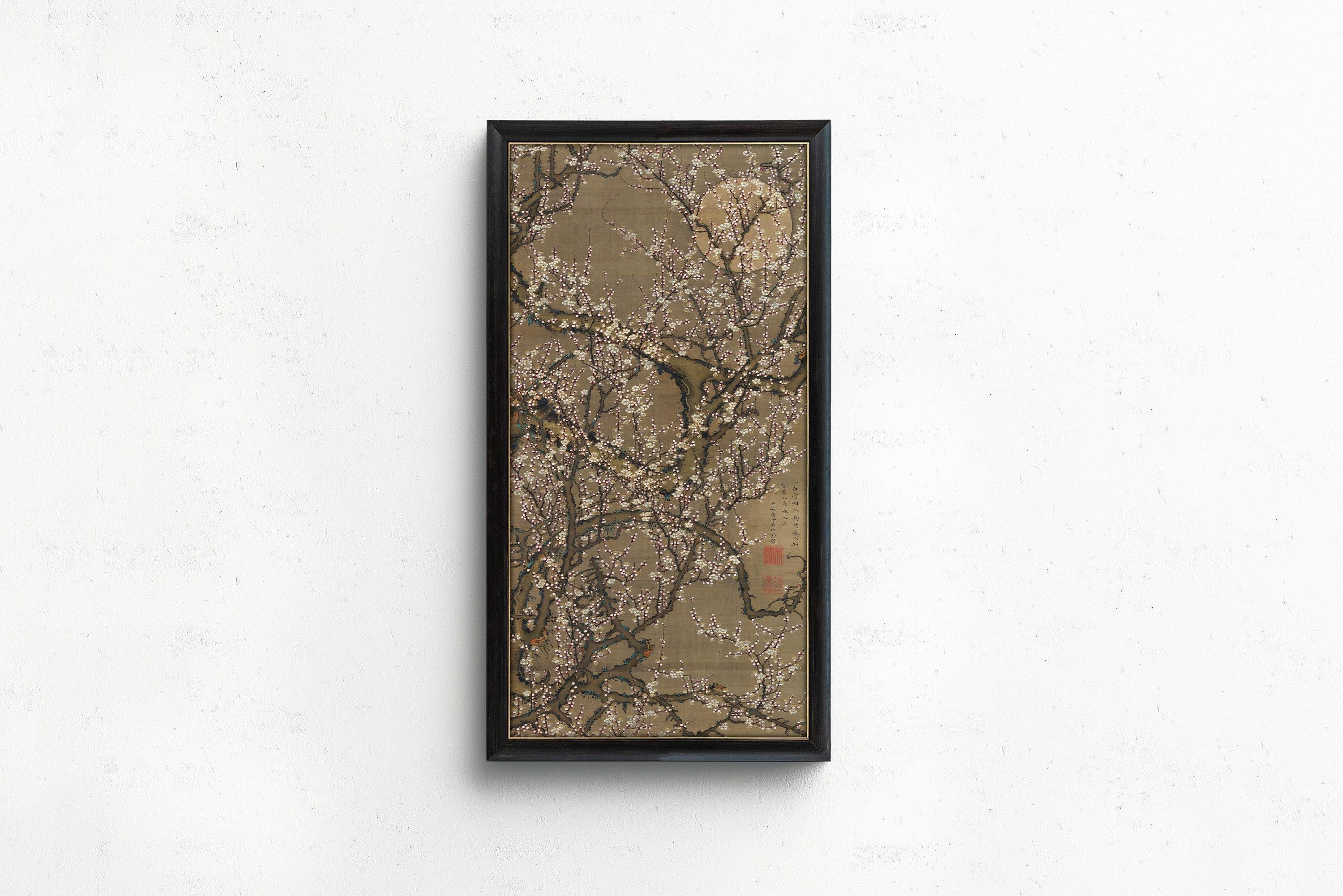 Jakuchu Ito - White Plum Blossoms and Moon | PRINT | Vintage Vertical Asian Botanical Art (available handframed) 2x1 - 9ArtPrints