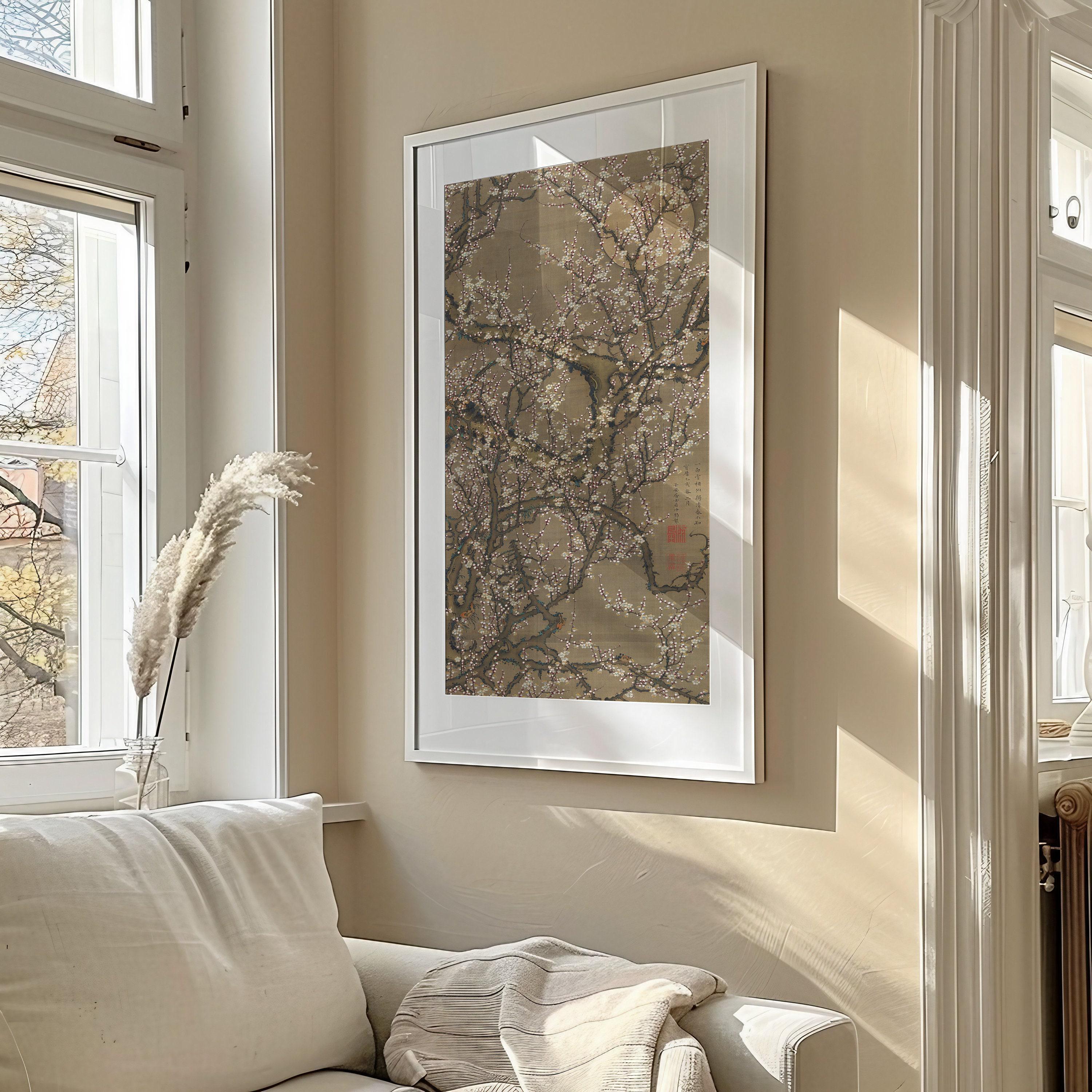Jakuchu Ito - White Plum Blossoms and Moon | PRINT | Vintage Vertical Asian Botanical Art (available handframed) 2x1 - 9ArtPrints