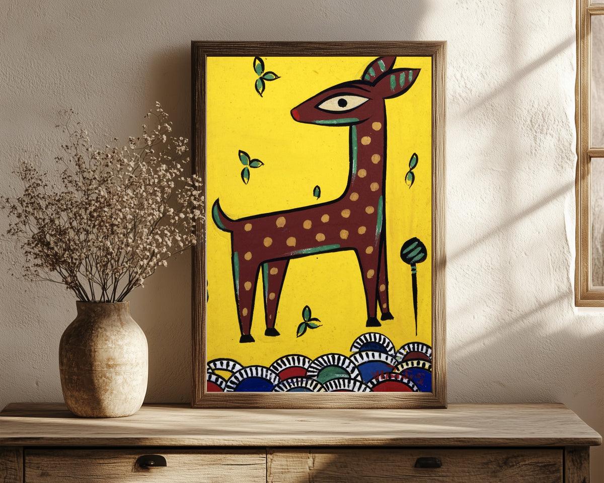 Framed art print of Fawn (Horinchhana) by Jamini Roy, in a dark wood frame leaning on a rustic console beside dried flowers
